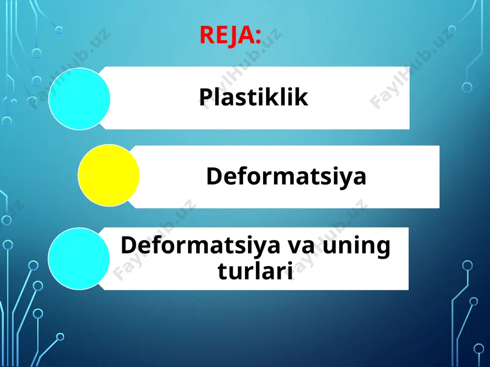 uch taʼsiri toʻxtagandan keyin deformatsiya yoʻqolsa (jism oʻz holiga qaytsa) elastik deformatsiya, saqlansa (jism oʻz holiga qaytmasa) plastik deformatsiya yuz beradi. elastiklik va plastiklik nazariyasida qattiq jism deformatsiyasiga oid harakat va kuchlanish oʻrganiladi. elastik deformatsiyalanuvchi qattiq jism yoʻq, har qanday qattiq jism tashqi kuch taʼsirida plastik deformatsiyalanadi. plastik deformatsiya temperatura, tashki kuch va deformatsiya tezligiga bogʻliq. tashki kuch maʼlum vaqt davomida bir xil taʼsir qilib tursa, deformatsiya vaqt oʻtgan sari oʻzgara boradi; bu hodisaga yoyiluvchanlik deyiladi. temperatura koʻtarilishi bilan yoyiluvchanlik ortadi. tashki kuch ortib borgandagi deformatsiya aktiv (faol), tashki kuch kamayib borgandagi deformatsiya passiv (sust) deformatsiya deyiladi. deformatsiyaning choʻzilish, siqilish, egilish, buralish xillari mavjud. mutlaq deformatsiyaning jism boshlangʻich oʻlchami (shakli)ga nisbati nisbiy deformatsiya deyiladi. deformatsiyaqonunlari materiallar qarshiligi, puxtaligi, inshootlar mustahkamligi va h.k.ni hisoblashda tatbiq qilinadi. siqilish va siqilish deformatsiyalari. agar bir uchida mahkamlangan bir xil tayoqqa kuch qo'llanilsa f uning o'qi bo'ylab novdadan uzoqda joylashgan bo'lsa, u deformatsiyaga uchraydi bukilishlar. …