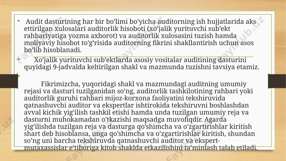 shuningdek, auditorlik tekshiruvlari kam vaqt talab qilishi va iqtisodiy tejamkor bo’lishida rejaning optimal tuzilishi talab etiladi. buning uchun esa, auditni rejalashtirishning maqsadi, uning bosqichlarini to’liq o’rganish, undagi muammolarga xolisona baho berish, ularni bartaraf etish asosida rejalashtirish jarayonini takomillashtirish zarur. bu borada uning huquqiy zaminini mustahkamlash talab etiladi. biroq, ta’kidlash joizki, auditorlik xizmatining ish sifati uni to’g’ri rejalashtirishga bevosita bog’liqdir. auditorlik nazoratining bosqichlari o’zbekiston respublikasi “auditorlik faoliyati to’g’risida”gi qonuniga muvofiq auditorlik faoliyatining milliy standartlarida belgilangan majburiy talablarga asosan o’tkazilishi belgilangan. jumladan, auditni rejalashtirish bosqichi o’zbekiston respublikasi 1999 yil 10 noyabrda adliya vazirligi tomonidan 837-sonli raqam bilan ro’yxatga olingan 3-sonli auditorlik faoliyatining milliy standarti(keyingi o’rinlarda afms) hamda «auditni rejalashtirish» nomli 300-sonli xalqaro audit standartiga muvofiq amalga oshiriladi. «auditni rejalashtirish» nomli 3-afmsga muvofiq rejalashtirish auditorlik tekshiruvini o’tkazishning boshlang’ich bosqichi hisoblanib, auditorlar reja tuzilgunga qadar bevosita tekshiruv jarayonini boshlamasliklari va auditorlik tekshiruvining barcha bosqichlarida umumiy reja hamda dasturda keltirilgan vazifalarni qat’iy tartibda amalga oshirishlari …