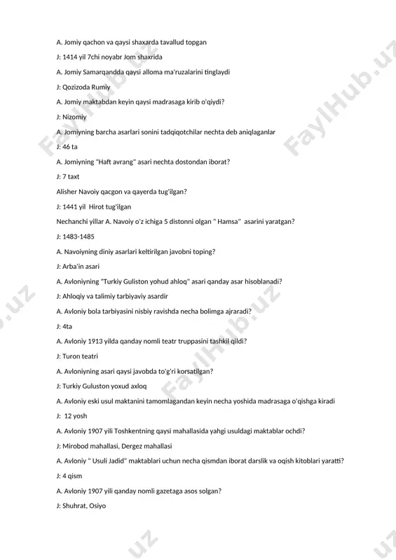 nni olgan " hamsa" asarini yaratgan? j: 1483-1485 a. navoiyning diniy asarlari keltirilgan javobni toping? j: arba'in asari a. avloniyning "turkiy guliston yohud ahloq" asari qanday asar hisoblanadi? j: ahloqiy va talimiy tarbiyaviy asardir a. avloniy bola tarbiyasini nisbiy ravishda necha bolimga ajraradi? j: 4ta a. avloniy 1913 yilda qanday nomli teatr truppasini tashkil qildi? j: turon teatri a. avloniyning asari qaysi javobda to'g'ri korsatilgan? j: turkiy guluston yoxud axloq a. avloniy eski usul maktanini tamomlagandan keyin necha yoshida madrasaga o'qishga kiradi j: 12 yosh a. avloniy 1907 yili toshkentning qaysi mahallasida yahgi usuldagi maktablar ochdi? j: mirobod mahallasi, dergez mahallasi a. avloniy " usuli jadid" maktablari uchun necha qismdan iborat darslik va oqish kitoblari yaratti? j: 4 qism a. avloniy 1907 yili qanday nomli gazetaga asos solgan? j: shuhrat, osiyo a. avloniy o'zi tashkil qilgan yangi usul maktablari uchun qanday darsliklar yaratdi? j: adabiyot yixud milliy sherlar hamda birinchi …