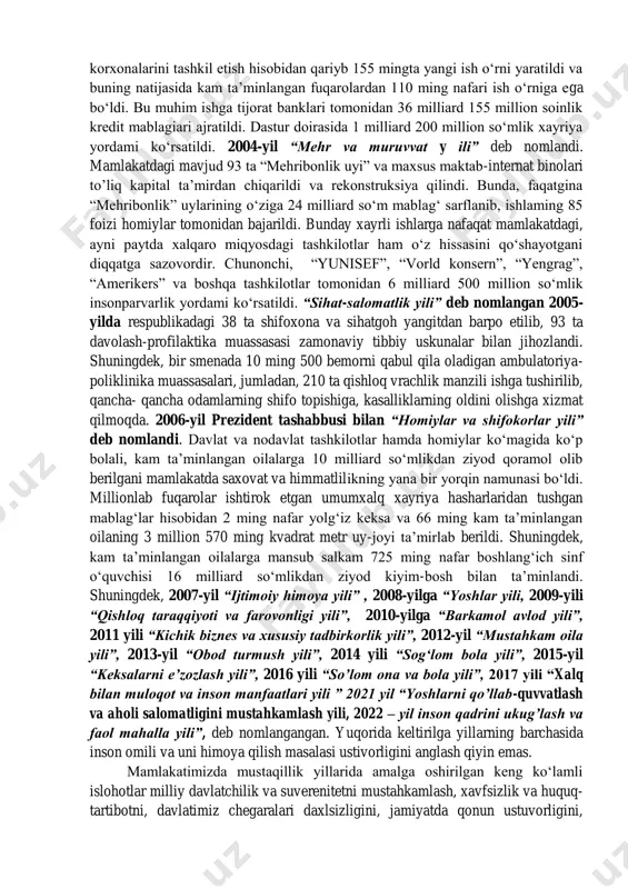 r berish, jamiyat manfaatlari bilan har bir shaxs manfaati uyg‘unligini ta’minlash va komil insonni tarbiyalash uchun qulay tarbiyaviy muhitni vujudga keltirish bosh maqsad qilib belgilandi. “inson manfaatlari yili” davlat dasturi doirasida davlat byudjetidan 123 milliard so‘m yoki barcha byudjet xarajatlarining qariyb 40 foizi ajratildi. shu yili 6,7 million kvadrat metr uy-joy foydalanishga topshirildi, shundan 5,4 million kvadrat metr uy-joy qishloq joylarda barpo etildi. toshkentda “ yunusobod” y’opiq tennis korti va “jar” sport-sogiomlashtirish majmuasi qurib tugallandi. “inson manfaatlari yili” dasturining mantiqiy davomi sifatida 1998-yil “oila yili” deb e ‘lo n qilindi. oila manfaatlarini ta’minlash borasidagi davlat dasturi kompleks mazmunga ega boiib, u bir yuz ellikdan ortiq tadbimi o‘z ichiga oladi. 1998-yilda ushbu tadbirlami bajarish uchun davlat byudjetidan 144,8 milliard so‘m mablag‘ ajratildi. farzandning barkamol shaxs sifatida kamol topishida va jamiyat taraqqiyotiga xizmat qiluvchi insonni yetishtirishda onaning roli beqiyos. shu sababli 1999-yil “ayollar y ili” deb e’lon qilindi. ayollar sog’ligi, xususan, onalar …