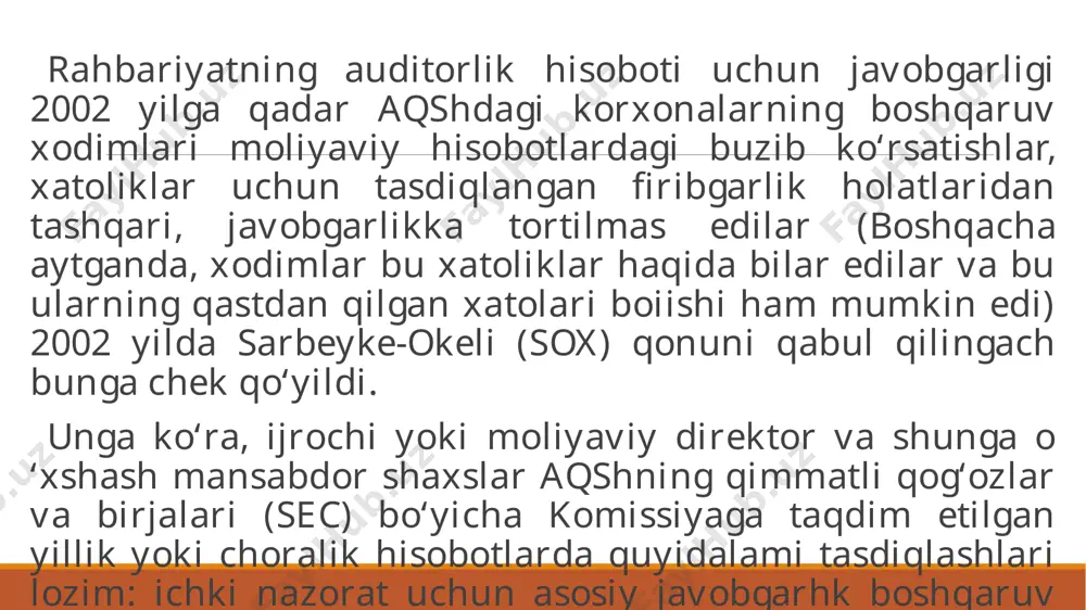 yoki davr aniq ko‘rsatilishi lozim. (e) tadbirkorlik subyekti rahbariyatining moliyaviy hisobotlarni tayyorlash uchun javobgarligi auditorlik xulosasining turlari: modifikatsiyalanmagan xulosa avvalo modifikatsiyalanmagan auditorlik xulosasiga misol ko‘raylik: biz taklif qilingan avs kompaniyaning buxgalteriya balansini 31 dekabr 20x3 holatiga ko‘ra, shuningdek tugayotgan yil uchun foyda va zararlar, pul oqimlari haqidagi hisobot auditini o'tkazdik. ushbu moliyaviy hisobotlar uchun javobgarlik kompaniya rahbariyati zimmasida. bizning majburiyatimiz biz tomonimizdan o‘tkazilgan audit asosida ushbu moliyaviy hisobotlaming ishonchliligi haqida fikr bildirishdir. biz auditni auditning xalqaro standartlariga mos holda o'tkazdik. ushbu standartlar biz auditni moliyaviy hisobotlarda jiddiy xatoliklar yo‘qligiga ishonch hosil qiladigan darajada rejalashtirishni va o'tkazishimizni talab qiladi. audit moliyaviy hisobotlardagi sonli ko‘rsatkichlar va ochib berishlarni tasdiqlovchi dalilarni testlashtirish asosida o'rganishni o‘z ichiga oladi. audit, shuningdek, foydalaniladigan buxgalteriya hisobi prinsiplari va rahbariyat tomonidan qilingan muhim baholarni, shunindek, moliyaviy hisobotning umumiy ko ‘rinishini (tasavvur)ni baholashni ham o ‘z ichiga oladi. biz umid qilamizki, biz tomonimizdan o'tkazilgan tekshiruv fikrlarimizni bildirish uchun etarlicha …