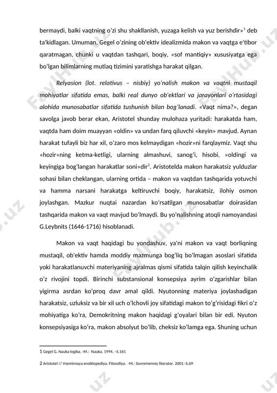 z, uzluksiz va bir xil uch o‘lchovli joy sifatidagi makon to‘g‘risidagi fikri o‘z mohiyatiga ko‘ra, demokritning makon haqidagi g‘oyalari bilan bir edi. nyuton konsepsiyasiga ko‘ra, makon absolyut bo‘lib, cheksiz ko‘lamga ega. shuning uchun u o‘zida barcha materiyani sig‘dira oladi va turli jarayonlarga bog‘liq emas. ushbu konsepsiyaga ko‘ra, vaqt ham absolyut bo‘lib, turli o‘zgarishlarga bog‘liq bo‘lmagan holda kechadigan teng davriylikdir. unda barcha narsalar paydo va yo‘q bo‘lib turadi, nyuton makon va vaqt bir-biridan ajralgan va materiya bilan harakatga bog‘liq bo‘lmagan mustaqil narsa, deb tushungan. falsafa tarixida aksariyat faylasuflar u yoki bu tarzda to‘qnash keladigan yana bir muhim masala shunday yangraydi: makon va vaqt borliq ko‘rsatkichlarimi, ya'ni ular ob'ektiv xususiyat kasb etadimi yoki bizning ongimiz xususiyatlaridan kelib chiqadimi, o‘z tabiatiga ko‘ra sub'ektivmi? shu munosabat bilan mazkur kategoriyalarning materialistik va idealistik mazmunlari haqida so‘z yuritish mumkin. o‘rta asrlar falsafasi ob'ektiv idealizm nuqtai nazarida makon va vaqt muammosi faqat xudo makon va vaqtdan tashqarida …