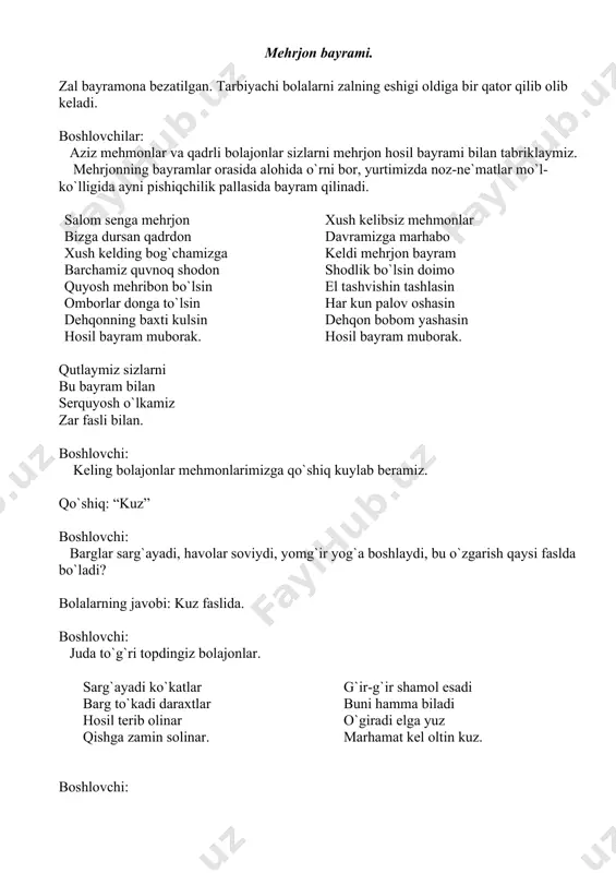 . oldik ko`p hosil o`rik, olma, nok shakardek asal uzum qildi tok. bizning polizda qovun-tarvuz ko`p yetildi kuzda so`yib yedik xo`p. kuz: raxmat sizga bolajonlar kuz faslini juda sevar ekansizlar. meni derlar oltin kuz xirmonda hosil to`kin tayyorlanar barcha xalq katta bayramga bu kun. boshlovchilar: bolalar bog`larimizda, polizlarimizda hosilimiz juda mo`l. bugungi davramizga-chi sabzavotlar tashrif buyurishibdi, marhamat sabzavotlar. 1-bola to`sto`polon bozorda yoki biron guzarda uchrab qolgan onimda o`tib ketma yonimdan ko`rganmisan kinoni mag`rur chippolinani o`sh yerda men ham bor nomim sinyora pomidor. 2-bola uy ro`zg`orda tengim yo`q sabzi tansiq beg`ubor shu palovni palov qilgan vitamin ham desangiz arzigudek qarsillatib non o`rniga yesangiz. 3-bola yerga chuqur botsam men bekinvolib yotsam men izlab topdi oshpazlar meni chopdi oshpazlar yig`lamadim chaqqonman lekin juda hayronman oshpazlarning o`zlari nega yoshlar ko`zlarin. 4-bola popuk bargli bosim bor vazmingina toshim bor dumi uzun rediska menga kenjatoy uka yoshda pichi shoshar u bahordayoq pishar u men shoshmayman beg`amman …
