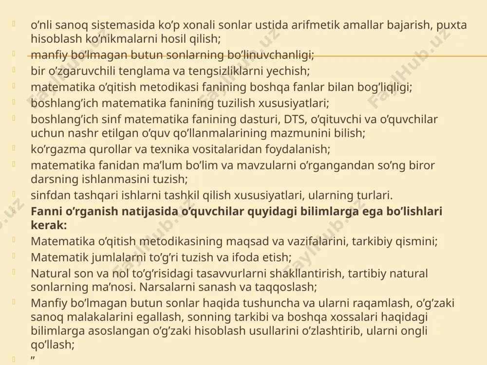 hlang’ich matematika kursining vazifasi maktab oldiga kuyilgan «o’quvchilarga fan asoslaridan puxta bilim berish, ularda yukori darajada onglikni shakllantirish, turmushga, kasblarni ongli tanlashga urgatish» kabi vazifalarni xal qilishda yordam berishdan iborat. xar kanday o’quv predmeti kabi, matematika boshlanich kursi xam ta’limiy, tarbiyaviy, amaliy vazifalarni xal qilish kerak. matematika o’qitishning asosiy vazifalaridan biri o’quvchilarda xisoblash, ulchash va grafik kunikmalarining ma’lum anik sistemasini xosil qilishdan iborat bu sistema eng sodda amallarni bajarishdan iborat bo’lib, ko’p marta takrorlash xisobiga avtomatizmga yetkaziladi. boshlang’ich matematika kursi maktab matematika kursining tarkibiy kismidir. matematika dasturining asosiy uzagi natural sonlar va asosiy miqdorlar arifmetikasidan iborat bo’lib, bu o’zak atrofida algebra va geometriya elementlari birlashadi va bu elementlar arifmetik bilimlar sistemasiga tarkiban kushilib son, arifmetik amallar va matematik munosabatlar xaikdagi tushunchalarning yukori darajad uzlashtirilishiga imkoniyat beradi.boshlang’ich matematitka kursi o’z tizimi bo’yicha uch fanni o’z ichiga olgan butun kursdir. boshlang’ich sinflar dasturisida arifmetikadan elementlar ma’lumotlar natural sonlar, nol shu sonlar to’rt …