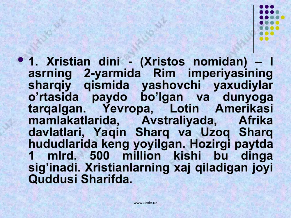 h davr, kundalik hayot talabi va zaruriyatidir. «vijdon erkinligi va diniy tashkilotlar to’g’risida» gi qonunni 1998-yilda yangi taxlilining qabul qilinishi bunga yana bir misoldir. 4.hozirda res-da 14 turdagi konfessiyada 170 dan ortiq noislomiy diniy tashkilot faoliyat ko’rsatmoqda. 4ta diniy markaz – movaronnahr musulmonlar boshqarmasi; o’rta osiyo ruspravoslav cherkovi bosh-si; u.o.injil nasroniylar-baptislar markazi: u.o.yetti kun adventistlar cherkovi konfessiyalari bor. www.arxiv.uz www.arxiv.uz islom aqidalarining asosiy ibrat kitobi ahloqiy-huquqiy tamoyillari birinchi manba hisoblangan muqaddas «qur’on»da o’z ifodasini topgan. qur’oni karim va hadisi sharifda ma’no va mazmun teran, umum insoniy qadriyatlarni himoya etuvchi va targ’ib qiluvchi falsafiy xulosalar chuqurdir. bu muqaddas kitob yer yuzi musulmonlarining dasturi amali dunyo madaniyatining ulkan boyligi, barcha musulmonlarning kitobi bo’lib, arab tilida «qiroat» ma’nosini anglatadi. www.arxiv.uz www.arxiv.uz qur’oni karimning eng muhim xizmati shundaki, unda har inson uchun bevosita ahamiyatli bo’lgan so’zlar, yo’l-yo’riqlar, asosiy qoidalar, ta’limotlar aniq ko’rsatilgan. undagi ilm, madaniyat, ma’naviyat, ma’rifat haqidagi g’oyalar umumbashariyatga tegishlidir. ahloq va odob …