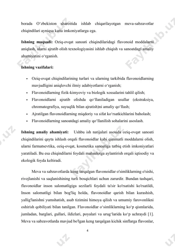logik funktsiyalaridan tashqari, flavonoidlar saraton va yurak-qon tomir kasalliklari kabi kasalliklarning oldini olishga yordam beradigan yallig'lanishga qarshi, antioksidant va antiproliferativ xususiyatlarni o'z ichiga olgan bir qator sog'liq uchun foydalarni taklif qiladi [3]. meva va sabzavotlardagi asosiy flavonoidlar meva va sabzavotlarda 4000 dan ortiq alohida flavonoidlar aniqlangan . shu bilan birga, flavonoidlarning turlari va kontsentratsiyasi turli mahsulotlar orasida keng farq qiladi. flavonoidlar, ayniqsa, yashil bargli, sariq va qizil sabzavotlarda (masalan, piyoz, karam, gulkaram va brokkoli) hamda sitrus mevalar, rezavorlar, uzum, olma va olxo‘ri kabi quyuq rangli mevalarda ko‘p bo‘ladi. bargli ko'katlar, sabzavotlar va allium turlari odatda yuqori flavonoid darajasiga ega, bargli ko'katlar ayniqsa kuchli antioksidant faollikni ko'rsatadi. misol uchun, shirin kartoshka barglari yangi vazniga taxminan 900 mg quercetinni o'z ichiga oladi, xantal va toona barglaridagi umumiy flavonoid miqdori mos ravishda 853 mg / kg va 805,7 mg / kg ni tashkil qiladi. sabzavotlar orasida pakchoy, qaylan, xitoy karam va gulkaram yangi …