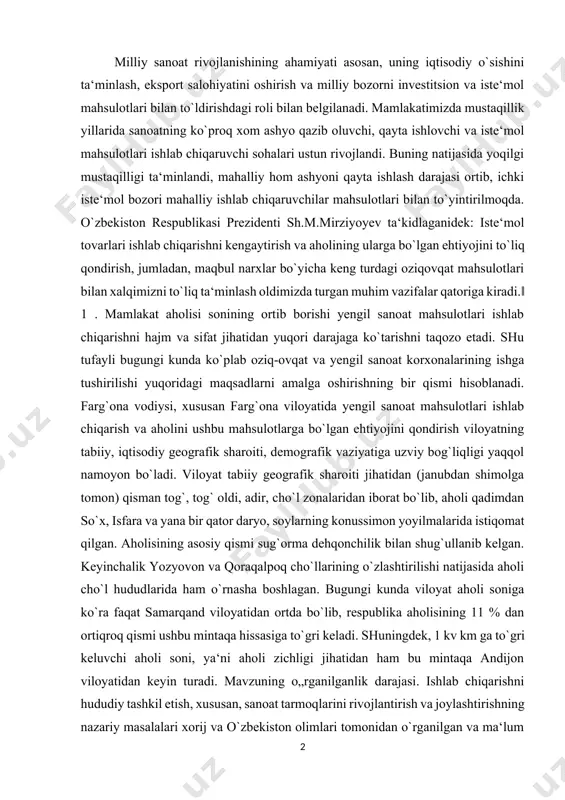 n iborat bo`lib, aholi qadimdan so`x, isfara va yana bir qator daryo, soylarning konussimon yoyilmalarida istiqomat qilgan. aholisining asosiy qismi sug`orma dehqonchilik bilan shug`ullanib kelgan. keyinchalik yozyovon va qoraqalpoq cho`llarining o`zlashtirilishi natijasida aholi cho`l hududlarida ham o`rnasha boshlagan. bugungi kunda viloyat aholi soniga ko`ra faqat samarqand viloyatidan ortda bo`lib, respublika aholisining 11 % dan ortiqroq qismi ushbu mintaqa hissasiga to`gri keladi. shuningdek, 1 kv km ga to`gri keluvchi aholi soni, ya‘ni aholi zichligi jihatidan ham bu mintaqa andijon viloyatidan keyin turadi. mavzuning o„rganilganlik darajasi. ishlab chiqarishni hududiy tashkil etish, xususan, sanoat tarmoqlarini rivojlantirish va joylashtirishning nazariy masalalari xorij va o`zbekiston olimlari tomonidan o`rganilgan va ma‘lum ma‘noda amaliyotga tadbiq etilgan. bu borada yevropa mamlakatlarida (germaniya, fransiya, shvetsiya) yaratilgan shtandort va geoiqtisodiy nazariyalar, sobiq ittifoqda maydonga tashlangan hududiy ishlab chiqarish majmualari va energiya ishlab chiqarish sikllari, mintaqalarda vujudga kelgan rayonlarni kompleks rivojlantirish masalalari kabilar diqqatga sazovordir. ushbu muammolar bilan mdh mamlakatlarida n.n. …