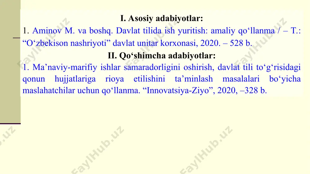 l) turar joyi (uy adresi), telefoni. 3. sana. 4. imzo. tarjimayi holning asosiy zaruriy qismlari: tilxat pul, hujjat, qimmatbaho buyumlar yoxud boshqa biror narsa olinganligini tasdiqlovchi rasmiy yozma hujjat. tilxat bir nusxada tayyorlanadi hamda pulli va qimmatbaho hujjat sifatida saqlanadi. olinadigan pul miqdori yoki buyumning bahosi va uning soni tilxatda raqamlar bilan ko‘rsatiladi, qavs ichida esa so‘zlar bilan ham berilishi shart. matn va imzo oralig'idagi bo'sh joylar chiziladi. tilxatdagi yozuvlarni o‘chirish yoki tuzatish mumkin emas, aks holda, bunday hujjatning haqiqiyligi shubha ostiga olinishi mumkin. tilxatning asosiy zaruriy qismlari: hujjatning nomi (tilxat) 2. matn: a) tilxat beruvchi shaxsning lavozimi, ismi va otasining ismi, familiyasi. b) pul, hujjat, buyum yoki boshqa biror narsani beruvchi shaxsning lavozimi, ismi va otasining ismi, familiyasi (zarurat bo‘lganda muassasa nomi); c) pul, hujjat, buyum yoki boshqa biror narsaning nomi va ularning miqdori (zarurat bo‘lganda bahosi); d) olinayotgan buyumning texnik holati (agar u mashina, apparatlar va sh.k. bo‘lsa). …