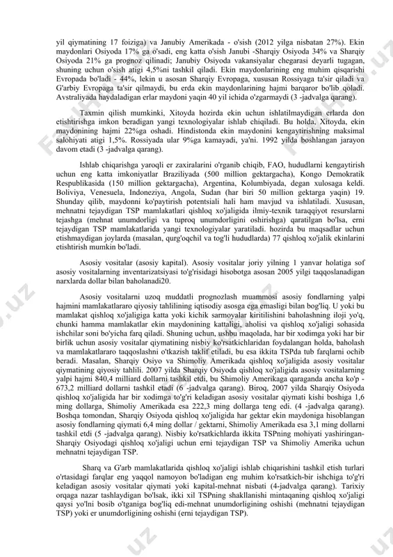 ajmi "qishloq xo'jaligida ishchilar soni" bo'yicha "har bir xodimga ekiladigan maydon" indikatorining mahsuloti sifatida hisoblab chiqilgan. yuqorida aytilganidek, "ekin maydonlari" toifasiga ekin maydonlari va 72 yillik ko'p yillik ekin maydonlari kiradi; xodimlar soni qishloq xo'jaligida iqtisodiy faol aholi soni sifatida baholandi. nima uchun bir qishloq xo'jaligining rivojlanishini bashorat qilish uchun bir ishchiga to'g'ri keladigan maydonning o'lchami shunchalik muhim? fao proektsiyasida aholi birligiga to'g'ri keladigan ishlov berilgan maydon ishlatiladi18. fao prognozi mualliflari erning birligi qancha odamni boqishi mumkinligini hisoblab, iste'mol prezumpsiyasiga asoslanadi. biroq, bizning vazifamiz ichki ishlab chiqarish xususiyatlarini o'rganishdir, shuning uchun biz maydon birligini qayta ishlash uchun qancha ishchi kerakligini hisoblaymiz. ikkala tsp o'rtasidagi farqlar, birinchi navbatda, bir ishchiga to'g'ri keladigan er potentsiali (bizning holatimizda, ekin maydonining o'lchami) bilan belgilanadi. bir ishchiga to'g'ri keladigan ekin maydonining ko'rsatkichi, mavjud ikkita tshdagi farqni aks ettiradi, bu mamlakatning qishloq xo'jaligi sektorida ishlab chiqarishning ikkita omilining - er va mehnatning nisbatlarini aniqlaydi. mehnatni tejaydigan …
