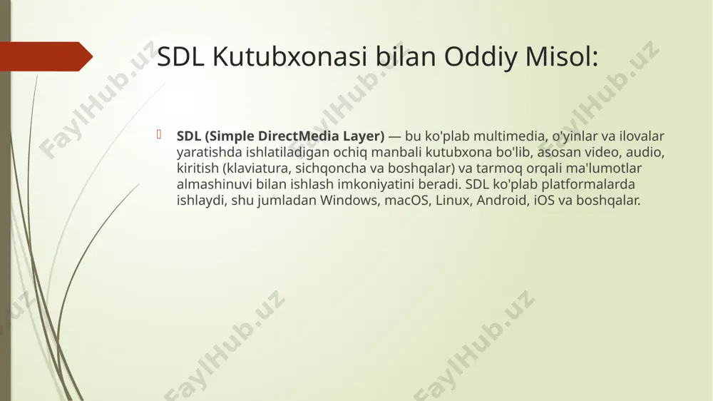 ctmedia layer): bu kutubxona 2d grafikalar, video, audio, va foydalanuvchi kiritishlarini boshqarish uchun ishlatiladi. sfml (simple and fast multimedia library): bu kutubxona o'yinlar va boshqa multimedia ilovalarini yaratish uchun yaxshi imkoniyatlar taqdim etadi. u 2d grafika, audio, va tarmoqni qo'llab-quvvatlaydi. opengl: agar siz 3d grafikalar va yuqori darajadagi renderlashni yaratmoqchi bo'lsangiz, opengl juda qulay. ffmpeg: video va audio fayllari bilan ishlash uchun qudratli kutubxona. u video fayllarni dekodlash, kodlash va boshqa ko'plab operatsiyalarni bajaradi. multimedia ilovalarini yaratish c++ dasturlash tilida multimedia ilovalarini yaratishda quyidagi qismlar bilan ishlash kerak bo'ladi: video va audio fayllar: audio yoki video fayllarni o'qish va ijro etish uchun kutubxonalarni o'rnatish. grafika: tasvirlarni ekranda chizish, animatsiyalar yaratish va foydalanuvchi interfeysini qurish. interaktivlik: klaviatura yoki sichqoncha orqali foydalanuvchi bilan o'zaro aloqada bo'lish. /docprops/thumbnail.jpeg