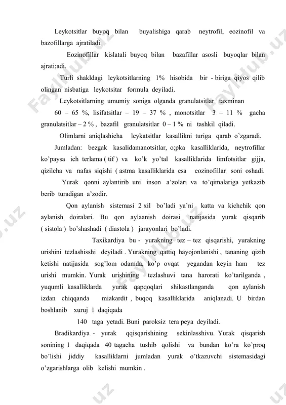 da paydo bo’lib sklerozlanish bosqichida klapanning , masalan , chap bo’lmachadan chap qorinchaga o’tadigan yo’liga joylashgan, chap bo’lmacha bilan qorincha o’rtasidagi teshikni bekitib turadigan bo’lmachada qorincha klapanning bujmayib , kalta tortib qolishiga olib keladi. bu klapandagi yetishmovchilik aksariyat revmatik jarayondan 5 – 7 oy o’tgach paydo bo’ladi . klinik manzarasi - asosiy simptomlari yurak yetishmovchiligi bor yo’qliggiga ko’p jihatdan bog’liq . yurak yetishmovchiligi bo’lmaganda bemor hech qanday shikoyat qilmay yuraveradi. yurak sohasini ko’zdan kechirganda yurak uchi zarbi, ya’nigipertrofiyalangan chap qorincha va uchining kuch bilan qisqarayotgani ko’zga tashlanadi. yurak uchi ustida sistolik shovqin qayd qilinadi, bunda qon chap qorincha sistolasidan faqat aorta emas , balki chap bo’lmacha bilan qorincha o’rtasida shakli o’zgarib ketgan klapan tabaqalari bilan yaxshi bekilmay qolgan teshik orqali chap bo;lmachaga tushadi. yurakning o’ng bo’lmacha va qorincha klapani yetishmovchiligi asosan revmatizmni boshdan kechirishi oqibatida vujudga keladi . yurak parochlari 2 xil nom pensatsiyalangan va dekompensatsiyalangan bo’ladi. kompensatsiya bosqichida bemor …