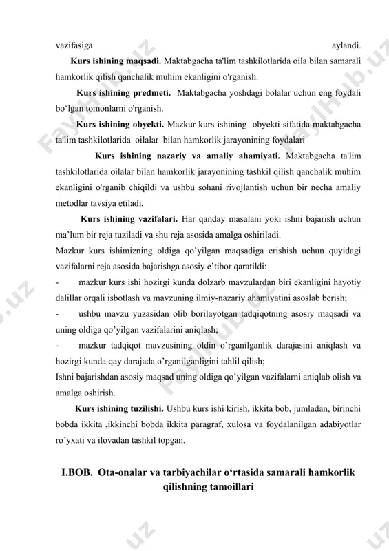 ida chiqarayotgan qarorlari va e’tiborlari natijasidir. shu o‘rinda haqli bir savol tug‘iladi. qanday qilib ta’lim jarayonini mushkullikdan quvonchli jarayonga aylantirsa bo‘ladi? shuni aytib o‘tish joizki, sifatli ta’lim birinchi navbatda ta’lim beruvchi tarbiyachi, pedagogning kasbiy mahoratiga bog‘liqdir. albatta mashg‘ulotlar tarkibiga yangiliklarni kiritish, ilg’or ish uslublari va metodlarni qo‘llash ta’lim sifatini oshirishga olib keladi. bu esa o‘z o‘rnida pedagogdan kasbiy mahorat talab etadi. barchamizga ma’lumki, bola uchun birinchi va eng mukammal tarbiyachi bu ota-onadir. shunday ekan, oila bilan hamkorlik masalalari, ayniqsa bola tarbiyasida otalar o‘rni muhimligiga alohida e’tibor qaratish lozim. mustaqillik yillarida mamlakatda ta’lim muassasalari faoliyatini me’yorlantiruvchi “ta’lim to‘g’risidagi qonun’’ qabul qilindi. ta’lim sohasida, jumladan uning birinchi pog‘onasi sanalmish maktabgacha ta’lim sohasida ham katta o‘zgarishlar yuzaga keldi. “ta’lim to‘g‘risidagi qonun”ning 30-moddasi orqali farzandlar tarbiyasi va ularning ta’lim olishlari, qonuniy huquqlari va manfaatlari himoyasi borasida ota-onalarning o‘rni va javobgarligi oshirildi. maktabgacha yoshdagi bolaning maktab ta’limiga o‘tishi, uning hayoti, axloqi, qiziqishi va munosabatlarida jiddiy …