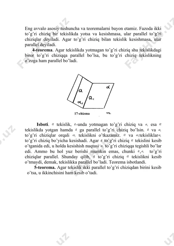 sib o’tadi. 3-masala. berilgan nuqtadan berilgan ikkita kesishuvchi tekislikning har birida parallel bo’lgan to’g’ri chiziqni yasang. bizlarga kesishuvchi va tekisliklar berilgan bo’lsin.ular to’g’ri chiziq bo’ylab kesishsin. to’g’ri chiziqda yotmagan birorta a nuqta olamiz. berilgan to’g’ri chiziqda unda yotmaydigan nuqta orqali yagona parallel to’g’ri chiziq o’tkazish mumkinligi haqidagi teoremaga ko’ra a nuqta orqali to’g’ri chiziqqa parallel to’gri chiziq o’tkazamiz. a nuqta ikkita tekislikka ham tegishli emas deb hisoblaymiz. tekislik va to’g’ri chiziqning paralleligi haqidagi teoremaga ko’ra // ga ko’ra // , // ekanligi kelib chiqadi. chunki, to’g’ri chiziq ikkita tekislikka ham tegishli to’g’ri chiziq izlangan to’g’ri chiziq bo’ladi. 4-masala. abca1b1c1 uchburchakli prizmada k nuqta ac qirraning o’rtasi. k nuqtadan o’tib, quyidagi chiziqlarga parallel bo’lgan to’g’ri chiziqni yasang va bu to’g’ri chiziqni prizma sirti bilan kesishish nuqtasini yasang. [8] a) cm chiziqqa. bunda m nuqta bb1 qirrasining o’rtasi. b) bu va bundan keyingi yasashlarni bajarish jarayonida, elelmentar masalalar yechishda o’rgangan usullarimizni qo’llaymiz. …