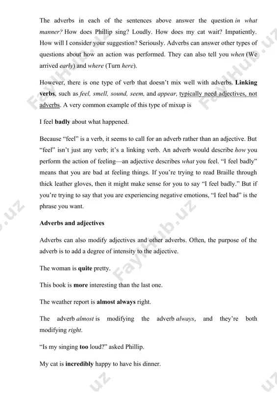 se enough, instead of reaching for an adverb to add more color, try reaching for a stronger verb or adjective instead. most of the time, you’ll come up with a better word and your writing will be stronger for it. brief information about english adverbs adverbials of place learn about adverbials of place such as inside, abroad, downstairs and by the table and do the exercises to practise using them. level: beginner most adverbials of place are prepositional phrases: they are in france at present. come and sit next to me. but we also use adverbs: abroad downstairs nearby overseas ahead here next door there away indoors out of doors upstairs they are abroad at present. come and sit here. we use adverbials of place to describe location, direction and distance. location we use adverbials to talk about where someone or something is: he was standing by the table. you'll …
