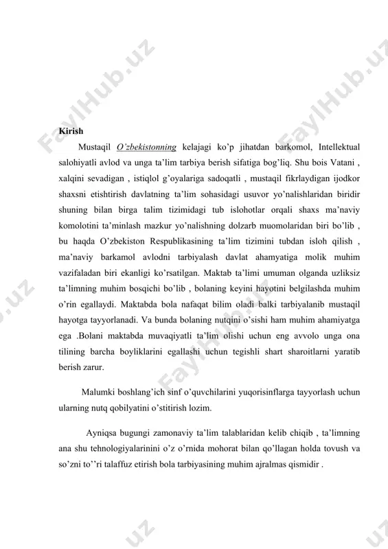 ’zini bilish, tafakkur jarayonlarida g’oyat muhim ro’l o’ynaydi. yozma nutq ( xat yozish va o’qish) funksional jihatdan ichki nutq (yoziladigan narsani ichda pichirlash, tovush chiqarmasdan o’qish)bilan chambarchars bog’liq .so’zlashuvga o’rgatish barcha darslarda olib boriladi, lekin o’qish darslari yetakchi ahamyat kasb etishi kerak. kichik yoshdagi maktab o’quvchilariga manaviy komolot ona tili orqali mujassamlashadi .ona tili , shu jumladan, o’qish nutq o’stirish talim –tarbiyajarayonidagi eng muhim vositalardandir. o’quvchining og’zaki va yozma nutqini me’yorlashda , ularning mutanosibligini ta’minlashda , milliy tilning tabiati vao’ziga xos xususiyatini belgilashda , ifoda va talafuz qonunyatlarini aks etirishda ohangdorlik , ya’ni qiroat bilan amaliy ahamyatini o’tirish , adabiy til meyori va mezonlariga rioya qilish ,o’qish ,o’qish metodlarini takomillashtirish yo’llarini izlash eng qulaylarini amalyotga tadbiq qilish zarur . adabiy til tushunchasi keng qamrovlidir va ko’p qirali hodisadir . adabiy til taraqiyoti barqarorligini ta’minlashda bolalarning yoshlikdan nutq madanyatlarini tarkib toptirish va tarbiyalash lozim. til qonunyatlarining ta’limda tadbiqi munosabati bilan bolalarni …