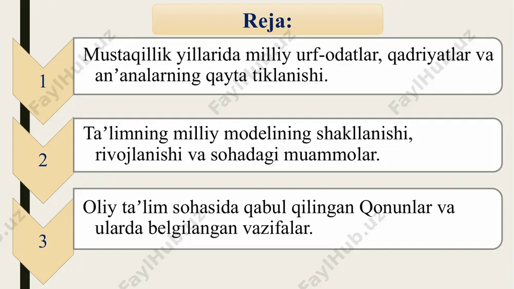 da ta’lim sohasida tatbiq etila bordi. toshkent, samarqand, urganch, to‘rtko‘l, andijon bank kollejlari, toshkent ayollar kolleji tashkil etildi. respublikada 1996-1997 – o’quv yilida 258 o’rta kasb-hunar ta’limi o’quv yurti ishladi. ularda qariyb 16 ming o‘qituvchi va muhandis-pedagog xodimlar 197-ming o‘quvchiga kasb-hunar o‘rgatish bilan shug’ullandi. obrazets teksta vtoroy uroven tretiy uroven chetvertiy uroven pyatiy uroven oliy ta’lim sohasida ham qator yangi o‘quv yurtlari ochildi. 1992- yil 28 - fevraldagi prezident farmoni bilan 8 ta viloyat pedagogika institutlari universitetlarga aylantirildi. obrazets teksta vtoroy uroven tretiy uroven chetvertiy uroven pyatiy uroven 1997-yil boshlarida respublika oliy ta’lim tizimida 58 ta oliy o’quv yurti, shu jumladan, 16 ta universitet va 42 ta institut faoliyat ko‘rsatdi. ularda 164 ming talaba o’qidi, 18,5 ming professor-o‘qituvchi faoliyat ko’rsatdi. iste’dodli yoshlarni moddiy va ma’naviy rag’batlantirish, chet elda o’qishini qo’llab-quvvatlash maqsadida “ulug‘bek”, “umid”, respublika bolalar fondi, “kamolot”, “sog’lom avlod uchun”, “iste’dod” jamg’armalari tashkil etildi. obrazets teksta vtoroy uroven tretiy uroven …