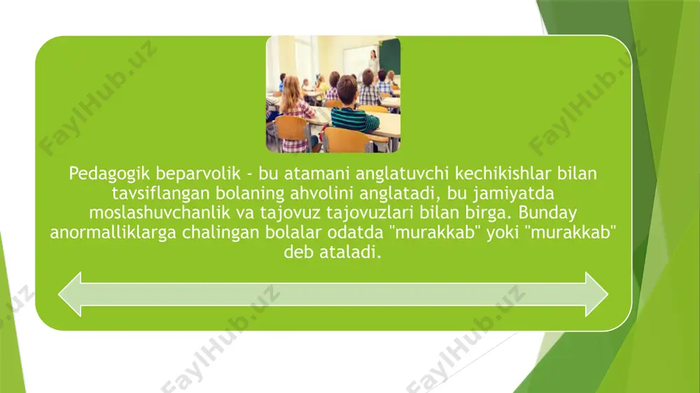 arli ko'rsatilmagan. ushbu bosqichda, bola mustaqil masalaga aylanmasligi va qasddan qabul qilinadigan qarorlarni qabul qilishi mumkinligi aniq bo'ladi bola taraqqiyotidagi har qanday og'ish shoshilinch aralashuv va tuzatuv harakatlarini talab qiladi. har qanday choralar ko'rmasdan oldin, sapikning paydo bo'lishiga sabab bo'lgan sabablarni aniqlash kerak. to'g'ridan-to'g'ri tuzatish quyidagi usullar asosida amalga oshirilishi mumkin: xulq-atvor va xarakterdagi qusurlarni (qo'rquv, uyatchanlik, ortiqcha qo'zg'alish va boshqa og'ishlar) tuzatishdan iborat umumiy pedagogik ta'sir; og'irlikning tashqi ko'rinishini (masalan, asab tovushlari), o'rganish va rivojlanishdagi muammolarni (materiyaning yomonlashuvi, kam malakalar va boshqalar), shuningdek, xarakterdagi kamchiliklarni bartaraf etishga yordam beradigan aniq pedagogik usullardan foydalanish; bolani faol ishlarga jalb qilish yo'li bilan dunyo xatti-harakati va his-tuyg'ularini o'zgartirish; muammoni boshqa kollektivga topshirish yoki mavjud bo'lgan qayta tashkil etish va ma'rifiy ishlarni bajarish yo'li bilan hal qilish; taklif, e'tiqod, gipnoz va psixoanalizga asoslangan psixoterapevtik usullardan foydalanish. muammoni tez va samarali hal etish uchun uni o'z vaqtida aniqlab olish va yaxshilab o'rganish kerak. shunday …