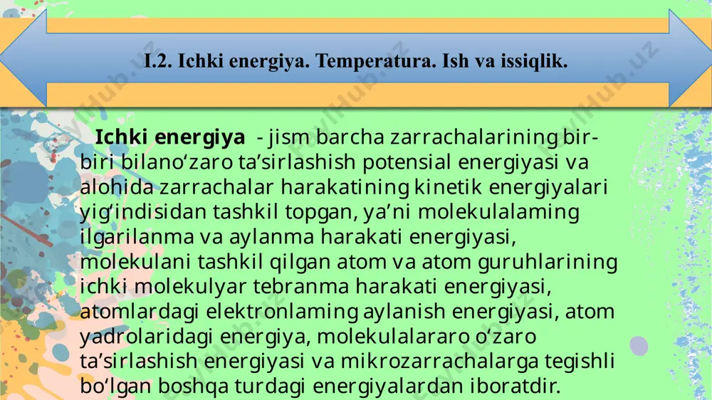 i tavsiflovchi funksiya sifatida entropiyani olish tavsiya etilgan. bolsman entropiya s va termodinamik ehtimollik w ni quyidagicha munosabat orqali bog‘ladi: s = k in w + const. add title add title add title add your words here,according to your need to draw the text box size.please read the instructions and more work at the end of the manual template. add title xulosa. statistik termodinamika - bu mikroskopik zarrachalarning statistik xatti-harakatlariga asoslanib, makroskopik fizikaviy-kimyoviy xossalarni tushuntiruvchi fandir. kurs ishim davomida molekulalar harakati, ularning taqsimoti, energiyalarining statistik taqsimoti (boltsman, fermi-dirak va bose-eynshteyn statistikasi), entropiya tushunchasi va uning statistik ta’rifi, hamda mikroskopik holatlar sonining sistemaning umumiy termodinamik xossalariga ta’siri haqida bilimlarimni kengaytirdim. shuningdek, statistika orqali ideal va real gazlarning termodinamik xossalari qanday aniqlanishini o‘rgandim. bu orqali klassik termodinamika bilan statistik yondashuv o‘rtasidagi farq va o‘zaro bog‘liqlikni tushunishga muvaffaq bo‘ldim. foydalanilgan adabiyotlar ro‘yxati. 1.sh.m.mirziyoyev ‘‘buyuk kelajagimizni mard va oliyjanob xalqimiz bilan birga quramiz” toshkent …