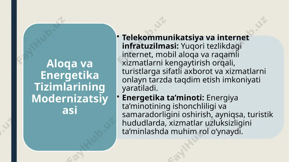 ar va ichki standartlarni joriy etish. eski texnologiyalar va raqamli tizimlar yetishmasligi. avtomatlashtirish va zamonaviy raqamli tizimlarni tatbiq etish. transport tizimlari va kirish inshootlarining yetishmasligi. infratuzilmani modernizatsiya qilish va integratsiyalash. cheklangan assortiment va xomashyo sifati nazoratining zaifligi. innovatsion taomlar ishlab chiqish va sifat nazoratini kuchaytirish. baliq metodi e’tiboringiz uchun rahmat image1.jpeg image2.jpeg image3.jpeg image4.jpeg image5.png image6.png /docprops/thumbnail.jpeg