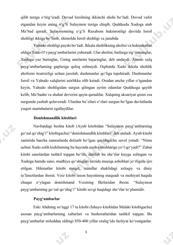 isroil va yahudo shohliklari alohida–alohida mustaqil davlat bo‘lgan, ikkala shohlik aholisi surgun qilingan va yahudo xalqidan ba’zilari ona yurtiga qaytib kelgan edi. payg‘ambarlar xalqni gunohlari uchun tavba qilishga, butlarga sajda qilmaslikka, xudoga yuz burishga, uning amrlarini bajarishga, solih hayot kechirishga undaganlar. payg‘ambarlar kelajak haqida ko‘p bashoratlar qilganlar. ko‘pincha bu bashoratlarda ramziy obrazlardan foydalanilgan va ular she’riy uslubda yozilgan. mazkur payg‘ambarlar orasida o‘zbek kitobxonlariga yaxshi tanish bo‘lgan doniyor ham bor. ishayo, yeremiyo, hizqiyol va doniyor payg‘ambarlarning bitiklari “katta payg‘ambarlar” degan nom bilan yuritiladi, chunki ularning bitiklari boshqa payg‘ambarlarnikiga qaraganda ancha katta. qolgan o‘n ikkita payg‘ambarning bitiklari qisqa bo‘lgani bois, ular “kichik payg‘ambarlar” degan nom bilan yuritiladi. bu bitiklar kotiblar tomonidan bir o‘rama qog‘ozga ko‘chirilgan. payg‘ambarlar kitoblari xronologik tarzda joylashmagan. qaysi payg‘ambar qachon faoliyat ko‘rsatgani haqida ma’lumot olish uchun mazkur nashrga ilova qilingan “jadvallar” bo‘limida berilgan “eski ahd xronologiyasi jadvali” qismiga qarang. yangi ahd kitoblarining qisqacha tavsifi yangi ahd 27 ta kitobdan …