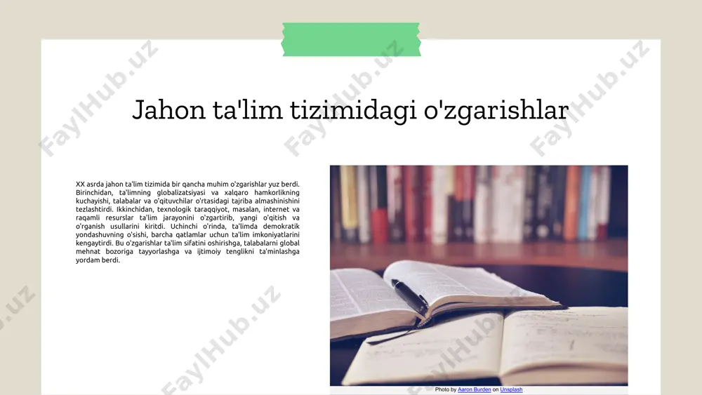 alar kutilmoqda. birinchidan, raqamli texnologiyalarning qo‘llanilishi ortadi, bu esa ta'lim jarayonini yanada interaktiv va samarali qiladi. ikkinchidan, shaxsiylashtirilgan ta'lim uslublari rivojlanadi, bu esa har bir o‘quvchining individual ehtiyojlariga mos keladi. uchinchidan, globalizatsiya ta'lim tizimiga ta'sir qiladi, o‘quvchilar xalqaro tajribalardan o‘rganish imkoniyatiga ega bo‘ladi. misol uchun, onlayn ta'lim platformalari orqali butun dunyo bo‘ylab bilim olish imkoniyati kengayadi. ushbu tendentsiyalar ta'lim sohasida yangiliklarni olib keladi va o‘quvchilarning kelajakdagi muvaffaqiyatiga sabab bo‘ladi. photo by jazmin quaynor on unsplash innovatsiyalar va texnologiyalar ta‘limda oliy ta'limda innovatsiyalar va texnologiyalar ta'lim jarayonini yangilaydi va samaradorligini oshiradi. innovatsiyalar va texnologiyalar ta'rifi innovatsiyalar ta'limda yangi g'oyalar va usullarni joriy etishdir. texnologiyalar esa, ta'lim jarayonida foydalaniladigan asbob-uskunalar va dasturlardir. ta'lim tizimiga ta'siri innovatsiyalar va texnologiyalar ta'lim jarayonini osonlashtiradi, talabalarning bilim olish imkoniyatlarini kengaytiradi va ularning qobiliyatlarini rivojlantiradi. misollar masalan, onlayn ta'lim platformalari, masofaviy ta'lim va interaktiv o'quv dasturlari talabalar uchun yangi imkoniyatlarni yaratadi. kelajak istiqbollari kelajakda, sun'iy intellekt va …