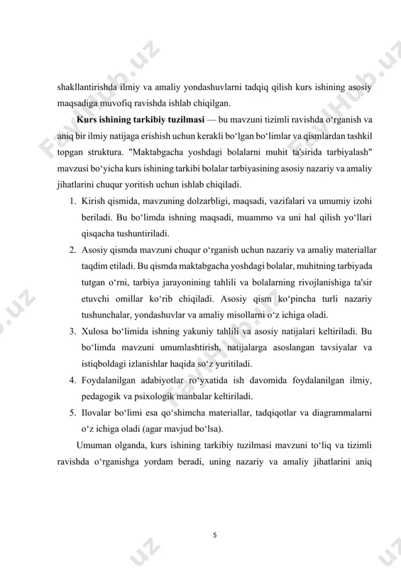 ik manbalar keltiriladi. 5. ilovalar bo‘limi esa qo‘shimcha materiallar, tadqiqotlar va diagrammalarni o‘z ichiga oladi (agar mavjud bo‘lsa). umuman olganda, kurs ishining tarkibiy tuzilmasi mavzuni to‘liq va tizimli ravishda o‘rganishga yordam beradi, uning nazariy va amaliy jihatlarini aniq ko‘rsatib beradi. har bir bo‘limda muayyan ilmiy ma'lumotlar, metodlar va amaliy misollar orqali mavzu keng yoritiladi. kurs ishining predmeti – bu ilmiy izlanishning asosiy obyekti, ya'ni, tadqiqot qilinayotgan soha yoki masala. "maktabgacha yoshdagi bolalarni muhit ta'sirida tarbiyalash" mavzusida kurs ishining predmeti, asosan, maktabgacha yoshdagi bolalarning tarbiyasiga ta'sir etuvchi muhit omillarini o‘rganishdir. kurs ishining predmeti quyidagilarni o‘z ichiga oladi: 1. maktabgacha yoshdagi bolalar tarbiyasi: bolalarning rivojlanishiga ta'sir etuvchi turli omillar, ularning hissiy, aqliy va jismoniy rivojlanishidagi o‘zgarishlar. 2. muhitning ta'siri: ota-onalar, o‘qituvchilar, do‘stlar, oilaviy va ijtimoiy muhitning bolalar tarbiyasiga ta'siri. bu o‘z ichiga bolalarning o‘rganish jarayoni, jamiyatdagi ijtimoiy o‘zgarishlar va shunga o‘xshash faktorlarni oladi. 3. tarbiyaviy muhit: tarbiya jarayonida yaratish kerak bo‘lgan muhit …