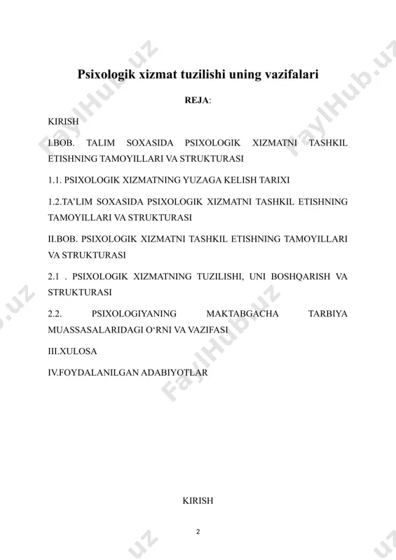 mavzusining dolzarbligi: talim muassasalarida psixologik xizmat o’qituvchisi fanning barcha bo’limlari bo’yicha chuqur bilimga ega bo’lishi boshqa fanlar bilan aloqalari, gumanitar yo’nalishlari haqida aniq tasavvur hamda ularni amalda qo’llash malakasiga ega bo’lishi zarur. kurs ishining maqsadi: talabalarga talim muassasalarida psixologik xizmat fanining o’rni va talim muassasalarida psixologik xizmat usullari bilan tanishrish, ular yordamida talim muassasalarida psixologik xizmat uni o‘qiy olishni o‘rgatish va uning metodikasini ishlab chiqish orqali talabalarni o’qitish metodikasi faniga qiziqishlarini yanada oshirish. kurs ishining vazifasi: bo’lajak talim muassasalarida psixologik xizmat o‘qituvchilarining – ta’lim soxasida psixologik xizmatni tashkil etishning tamoyillari va strukturasi bo‘yicha kasbiy tayyorgarligi tizimi mazmunining nazariy va amaliy holatini o‘rganish va tahlil qilish; talabalarga talim muassasalarida psixologik xizmat fanining o’rni va o’qitish usullari haqida tushunchalar berish va takomillashtirish; talabalarning mavzu yuzasidan bilim, ko‘nikma va malakasini shakllantirish; talabalarni zamonaviy pedagogik texnologiyalar asosida muammoli darslarni tashkil eta olish ko‘nikmasini shakllantirish. kurs ishining ob’yekti: oliy ta’lim tizimida talim muassasalarida psixologik xizmat …