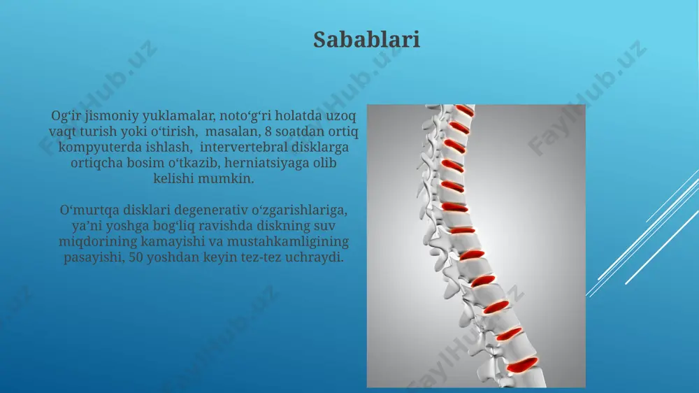 a (uyqusizlik, karıncalanma) va gipoesteziya (sezgirlik pasayishi) kabi nevropatik alomatlar ham uchraydi. tashxisi umurtqaaro disk herniasi tashxisi qo'yishda, bemorning shikoyatlari, klinik tekshiruv natijalari va rentgenografiya, kt yoki mrt kabi tasvirlash usullaridan olingan ma'lumotlar muhim ahamiyatga ega bo'lib, 80% hollarda aniq tasdiqlanadi. miyelo- va radikulopatiya alomatlari, masalan, oyoqlarda og'riq, karıncalanish va kuchsizlik kabi alomatlar umurtqaaro disk herniyasining mavjudligini ko'rsatishi mumkin, ammo bu alomatlarning boshqa sabablari ham bo'lishi mumkin. reabilitatsiya murakkab reabilitatsiya dasturiga mushaklarning kuchini oshirish uchun 12 hafta davomida maxsus mashqlar, shu bilan birga postural muvozanatni tiklash mashqlari kiradi. reabilitatsiya jarayonida ogʻriqni kamaytirish uchun 3-6 hafta davomida fizioterapiya, shu jumladan, ultrotovush va elektroforez qoʻllanilishi mumkin. diagnostika usullari neyrologik tekshiruvlar, shu jumladan reflekslarni tekshirish va mushak kuchini baholash, herniyaning joylashuvini va og'irlik darajasini aniqlashga yordam beradi, taxminan 70% hollarda diagnostika ma'lumotlarini beradi. bel umurtqa pog'onasining magnit-rezonans tomografiyasi (mrt) 90% dan ortiq aniqlik bilan intervertebral disk herniyasini aniqlash imkonini beradi, bu esa boshqa …