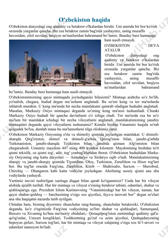 rtga emas, balki vataniga yaqinroq bo'lgan joy — afg'onistonning hozirgi poytaxti bo'lmish qobul shahriga qo'yishlarini vasiyat qilgan. bu buyuk ajdodimizning muborak qabri hozir kobul shahrida. bobur tug'ilgan yurt — andijon shahrida esa mustaqillik yillarida uning ramziy qabri va ulkan bog'i barpo etildi. vatan tuyg'usi insondagi vorisiylik tuyg'usi bilan uzviy bog'liq. vorisiylik eng muhim xususiyat va qadriyatlarning otadan bolaga ajdodlardan avlodlarga meros bo'lib o'tishini bildiradi. demak, vatan tuyg'usi ham avloddan avlodga o'tadi. masalan, hozirgina tilga olganimiz bobur bobomiz vorislari — boburiylar sulolasining aksariyat namoyandalari ham ota yurti — turkiston zaminida yashamagan bo'lsalar-da, vatan tuyg'usi ularni bu tabarruk tuproqqa chorlab turgan. ularning bugungi avlodlari ham mana shu zaminni o'zlarining tarixiy vatani deb biladi. bizning ota-bobolarimiz vorislik an'analarini saqlash uchun o'zlarining nasl-nasab tarixi — shajarasini yozib borgan. bu ham vatanga muhabbat, uning tarixini muqaddas saqlashga bo'lgan intilishning bir ko'rinishidir. qolaversa, ular shu tariqa nasl-nasabini tola saqlab, o'z avlodlarining har tomonlama sog'lom bo'lib voyaga …