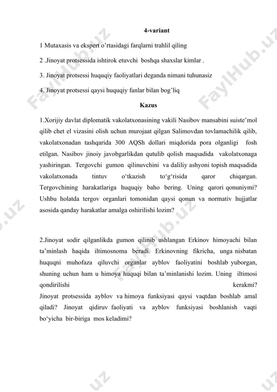 himoya funksiyasi qaysi vaqtdan boshlab amal qiladi? jinoyat qidiruv faoliyati va ayblov funksiyasi boshlanish vaqti bo‘yicha bir-biriga mos keladimi? 5-variant 1. jamoalar va ularning vakillarining huquq majburi nima haqida 2. jinoyat protsessida o’z manfaatlarini himoya qiladigan shaxslar doirasini aniqlang. 3. mutaxasis va ekspert o’rtasidagi farqlarni sanab o’ting . 4.jinoyat protsessida ishtirok etuvchi boshqa shaxslar kimlar va ularni huquq va majburiyatlari haqida yozing. kazus 1.sudda jabrlanuvchi kimsanov shaxsiy hayotiga oid ma’lumotlarni, sha’ni, qadr-qimmatini kamsitadigan ma’lumotlar oshkor bo‘lmasligi uchun ishni yopiq sud majlisida ko‘rib chiqishni so‘rab sudga murojaat qiladi. jinoyat ishlari bo‘yicha tuman sudi jabrlanuvchining iltimosini qanoatlantirmaydi. sudning harakatlari to‘g‘rimi? . tegishli qonun normalariga havola qilib muhokama qiling. 2.jinoyat ishi boʻyicha gumon qilinuvchi sifatida ishda ishtirok etishga jalb qilingan аkramov o‘ziga himoyachi sifatida advokat borisovani taklif qildi. lekin advokat borisova rus tilida ish yurituvchi shaxs bo‘lib, o‘zbek tilida ish yuritolmaydi. jinoyat ishi esa, o‘zbek tilida yuritilayotgan bo‘lib, gumon qilinuvchi аkramov ham rus …
