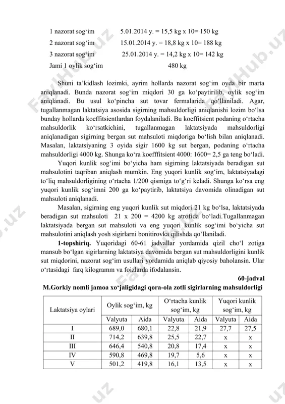 g x 10= 150 kg 2 nazorat sog‘im 15.01.2014 y. = 18,8 kg x 10= 188 kg 3 nazorat sog‘im 25.01.2014 y. = 14,2 kg x 10= 142 kg jami 1 oylik sog‘im 480 kg shuni ta’kidlash lozimki, ayrim hollarda nazorat sog‘im oyda bir marta aniqlanadi. bunda nazorat sog‘im miqdori 30 ga ko‘paytirilib, oylik sog‘im aniqlanadi. bu usul ko‘pincha sut tovar fermalarida qo‘llaniladi. agar, tugallanmagan laktatsiya asosida sigirning mahsuldorligi aniqlanishi lozim bo‘lsa bunday hollarda koeffitsientlardan foydalaniladi. bu koeffitsient podaning o‘rtacha mahsuldorlik ko‘rsatkichini, tugallanmagan laktatsiyada mahsuldorligi aniqlanadigan sigirning bergan sut mahsuloti miqdoriga bo‘lish bilan aniqlanadi. masalan, laktatsiyaning 3 oyida sigir 1600 kg sut bergan, podaning o‘rtacha mahsuldorligi 4000 kg. shunga ko‘ra koefffitsient 4000: 1600= 2,5 ga teng bo‘ladi. yuqori kunlik sog‘imi bo‘yicha ham sigirning laktatsiyada beradigan sut mahsulotini taqriban aniqlash mumkin. eng yuqori kunlik sog‘im, laktatsiyadagi to‘liq mahsuldorligining o‘rtacha 1/200 qismiga to‘g‘ri keladi. shunga ko‘rsa eng yuqori kunlik sog‘imni 200 ga …