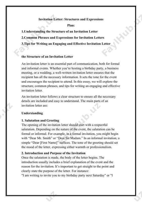 s important to get straight to the point and clearly state the purpose of the letter. for instance: "i am writing to invite you to my birthday party next saturday" or "i would like to extend a warm invitation to you for the grand opening of our new office." this section should be concise yet inviting. 3. details of the event or occasion the recipient needs to know specific details about the event, such as the date, time, location, and any other relevant information. the more specific you are, the less likely there will be confusion. for example: “the event will be held on saturday, june 15th, from 6:00 pm at our home located at 123 main street.” if there are additional instructions, such as rsvp requests or dress codes, these should also be included in this section. an invitation to a formal dinner, for instance, may contain a note …