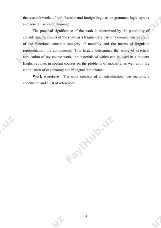 hip of the communicated to its real implementation), expressed by various lexical and grammatical means, such as form and mood, modal verbs, etc. modality can have the meaning of statement, command, wish, assumption, reliability, unreality, etc. the dictionary of linguistic terms (1969) also provides a division of modality into types: - hypothetical modality (hypothetical (suppositional) modality), which involves presenting the content of a statement as hypothetical ; - verbal modality. modality expressed by a verb; - unreal modality - presentation of the content of a statement as impossible, unfeasible; - negative modality – presentation of the content of a statement as inconsistent with reality.[20: p. 245]. russian grammar of 1980 notes that, firstly, modality is expressed by multi-level means of language, secondly, it is indicated that the category of objective modality correlates with the category of predicativity, thirdly, a circle of phenomena related to the phenomena of modality is outlined: …