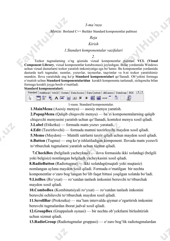 niya" rejimi. down tugma xolati. bosilgan — true dragcursor ob’yektni sichqoncha bilan tashiganda ko‘rsatgich ko‘rinishini belgilaydi. dragkind ob’yektni sichqoncha bilan tashishni amalga oshirish ixtiyoriy (dkdrag) yoki boshqa ob’yekt bilan (dkdock). dragmode ob’yektni sichqoncha bilan tashish mumkinligini (dmautomat) yoki mumkinmasligini (dmmanual — dasturiy) aniqlaydi enabled ob’yektni ishchi xolatdaligi. enabled xususiyati false qiymatiniolganda ob’yekt foydalanuvchi uchun ishchi xolatda bo‘lmaydi. filename fayl nomi. flat ob’yekt chegarasi ko‘rinishi (true — tekis chegara) font ob’yekt ichida matn shriftini aniqlaydi. form style forma stili: fsnormal — oddiy oyna; fsmdichild — ko‘poynali ilovaning ichki oynasi; fsmdiform — ko‘poynali ilovaning asosiy oynasi; fsstayontop — doim ekran oldida. gryph grafik fayl, tugmaning birdan to‘rttagacha grafik ko‘rinishi izobrajeniy graficheskoy knopki height ob’yekt balandligi. horzscrollbar gorizontal prokrutka. hint podskazka matni. agar showhint xususiyati true bo‘lsa. icon ilova belgisi. name ob’yekt nomi. picture rasm. image komponenti uchun grafik fayl yuklaydi. position formaning ekranda joylanishi: podesigned — layixalashtirilgan; podefauft —windows belgilaydi; podefauftposonly — …