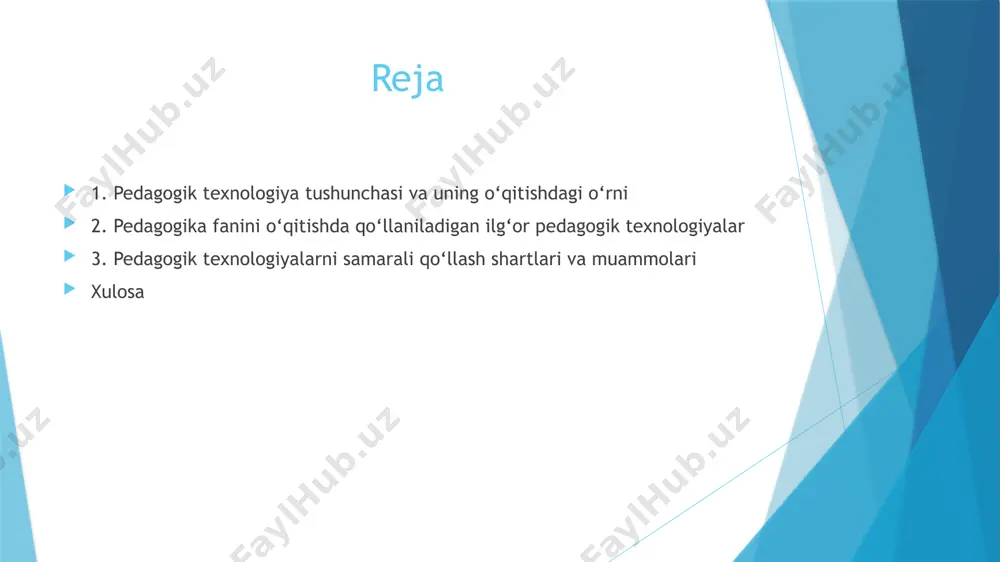ti va tahliliy fikrlashni ham shakllantiradi. avvalo, muammoli ta’lim texnologiyasini tilga olish lozim. bu texnologiya o‘quvchilarda ilmiy izlanishga bo‘lgan qiziqishni uyg‘otadi, ularni faqat tayyor bilim emas, balki bilimni o‘zlashtirish jarayonida faol qatnashishga undaydi. masalan, pedagogik nazariyaga oid muammoli savollar, real hayotdagi pedagogik vaziyatlar tahlili orqali talabalarning fikrlash faolligi oshadi. bu yondashuv ijodiy fikrlash va tahliliy ko‘nikmalarni shakllantirishga xizmat qiladi. modulli o‘qitish texnologiyasi ham pedagogika fanini o‘qitishda keng qo‘llaniladi. bu texnologiya orqali har bir mavzu modullar asosida mustaqil o‘rganiladi, o‘quvchi har bir modulda aniq maqsadlarga erishadi. bu o‘quvchining o‘zlashtirish sur’atiga moslashgan ta’limni ta’minlaydi. talaba o‘qituvchidan mustaqil bo‘lib, o‘z o‘quv faoliyatini boshqarish imkoniyatiga ega bo‘ladi. kichik guruhlarda ishlash texnologiyasi talabalarning muloqot qilish, fikr almashish, hamkorlikda ishlash, qaror qabul qilish kabi ijtimoiy ko‘nikmalarini shakllantirishda muhim vositadir. pedagogika fanida bu usul orqali turli pedagogik tushunchalar va holatlar guruh muhokamasi asosida tahlil qilinadi. axborot-kommunikatsiya texnologiyalaridan foydalanish ham bugungi ta’lim jarayonida zaruratga aylangan. elektron darsliklar, testlar, …