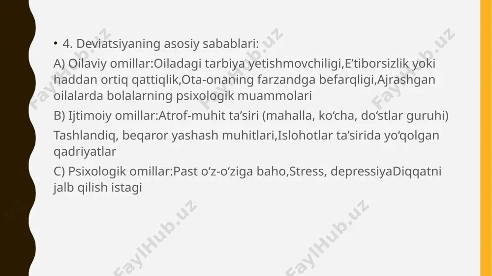 jamiyatda, ayniqsa yoshlar orasida, keng tarqalgan muammolardan biridir. bu hodisa nafaqat huquqiy, balki ijtimoiy-pedagogik yondashuvni ham talab qiladi. tarbiya, atrof-muhit, maktab va oila kabi ijtimoiy institutlar bu muammoning yechimi uchun muhim vosita hisoblanadi. 2. deviatsiyaning mohiyati: taʼrifi: deviatsiya – bu shaxsning ijtimoiy qabul qilingan meʼyor va qoidalarga zid bo‘lgan xatti-harakatidir. 3. deviatsiyaga olib keluvchi omillar: oila muhitidagi befarqlik, eʼtiborsizlik yoki zo‘ravonlik.,ijtimoiy tengsizlik va kambag‘allik.,do‘stlar yoki guruhlar taʼsiri.,pedagogik befarqlik yoki noto‘g‘ri tarbiya.,ommaviy axborot vositalarining salbiy taʼsiri. 4. ijtimoiy pedagogikaning vazifalari: profilaktika: deviant xatti-harakatlarning oldini olish uchun tushuntirish va tarbiyaviy ishlar olib borish. korreksiya: deviant xatti-harakatni o‘zgartirishga qaratilgan psixologik va pedagogik choralar. reabilitatsiya: shaxsni jamiyatga moslashtirish, unga ijtimoiy qo‘llab-quvvatlashni taʼminlash. 5. amalga oshirilishi lozim bo‘lgan pedagogik choralar: ota-onalar bilan samarali hamkorlik.,psixolog va ijtimoiy pedagoglarning faol ishtiroki.,maktablarda ijtimoiy-psixologik xizmatni kuchaytirish.,ijobiy ijtimoiy faoliyatga yo‘naltirish: sport, sanʼat, ixtiyoriy ishlar.,rol o‘yinlari, treninglar, maslahatlar orqali o‘zini anglashni kuchaytirish. e’tiboringiz uchun raxmat! image1.jpg /docprops/thumbnail.jpeg