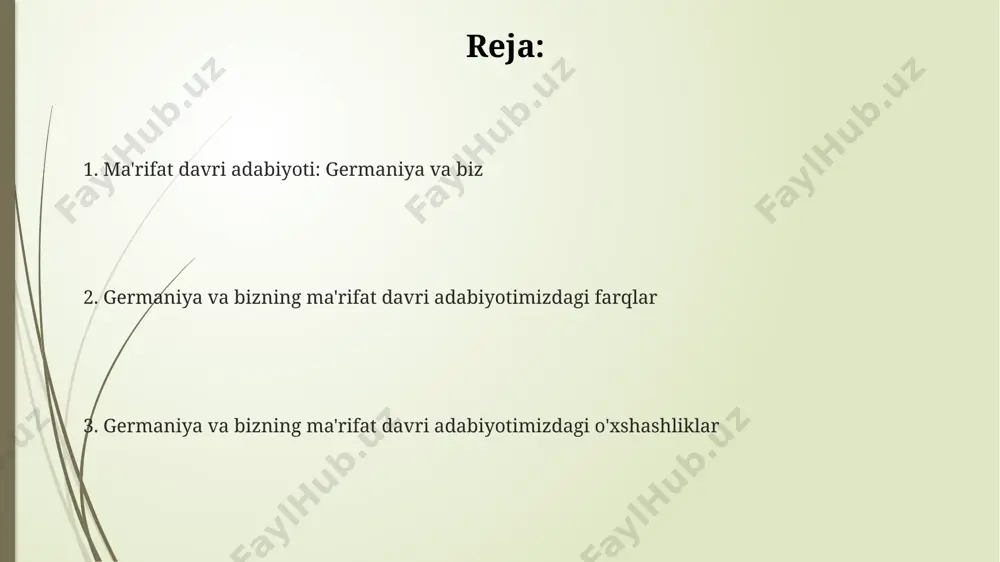 nigsberg) kabi germaniya faylasuflari va benjamin franklin (filadelfiya) kabi amerika siyosiy arboblarining fikrlari ma’rifatparvarlik g‘oyalarining tarqalishiga sezilarli hissa qo‘shgan, biroq ularning g‘oyaviy ta’siri geografik jihatdan farq qilgan. amerikaning mustaqillik deklaratsiyasi (1776) va germaniyadagi “sturm und drang” (1770-1780) harakati individualizm va erkinlik g‘oyalarini o‘z ichiga olgan bo‘lsa-da, ularning ifodalash usullari va ijtimoiy konteksti jihatidan farq qilgan. ma'rifat davri adabiyotining ta'siri 18-asrda germaniyada paydo bo'lgan ma'rifat davri adabiyoti, 20 dan ortiq falsafiy traktatlar orqali, rossiya va fransiyaga kuchli ta'sir ko'rsatdi, bu esa ijtimoiy islohotlarga turtki bo'ldi. ma'rifat davri adabiyotining ta'siri natijasida, 1750-1800 yillar oralig'ida yevropaning ko'plab shaharlarida, jumladan, berlin va parij kabi yirik markazlarda yangi adabiy jurnal va gazetalar paydo bo'ldi. kant va lessing kabi nemis faylasuflari va yozuvchilarining asarlari, 30 yildan ortiq davr mobaynida butun dunyo bo'ylab 100 mingdan ortiq nusxada tarqalib, ta'lim va siyosatga chuqur ta'sir ko'rsatdi. germaniyaning ma'rifat davri adabiyotining asosiy xususiyatlari germaniyaning ma'rifat davri adabiyoti 18-asrda paydo boʻlib, …