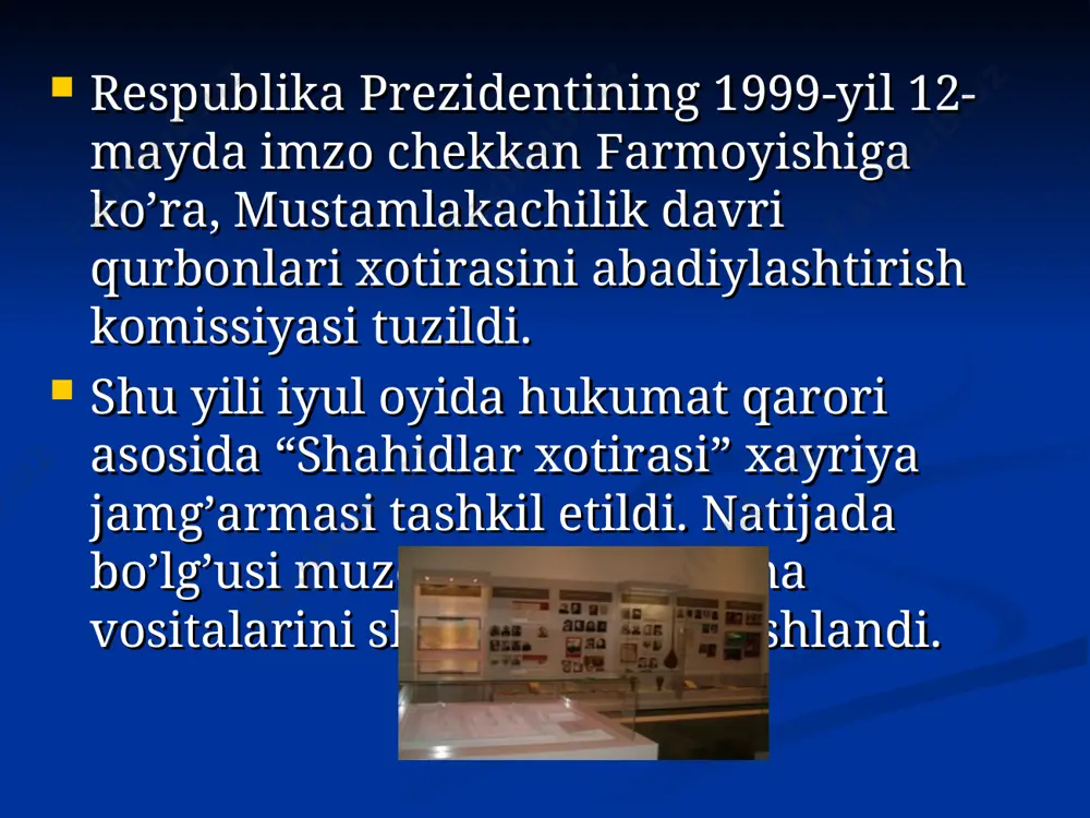 liy teleradiokompaniyasi, madaniyat va sport ishlari vazirligi, o’zbekiston aloqa va axborotlashtirish agentligi, vesmistr universiteti, o’zbekiston badiiy akademiyasi, mudofaa vazirligi, “sovplastital” korxonasi bilan hamkorlikda ish olib borildi. shu bilan birgalikda ichki ishlar vazirligi, milliy xavfsizlik xizmati, oliy sud fondlarida saqlanayotgan hujjatlardan ekspozitsiyada foydalanish uchun olindi.