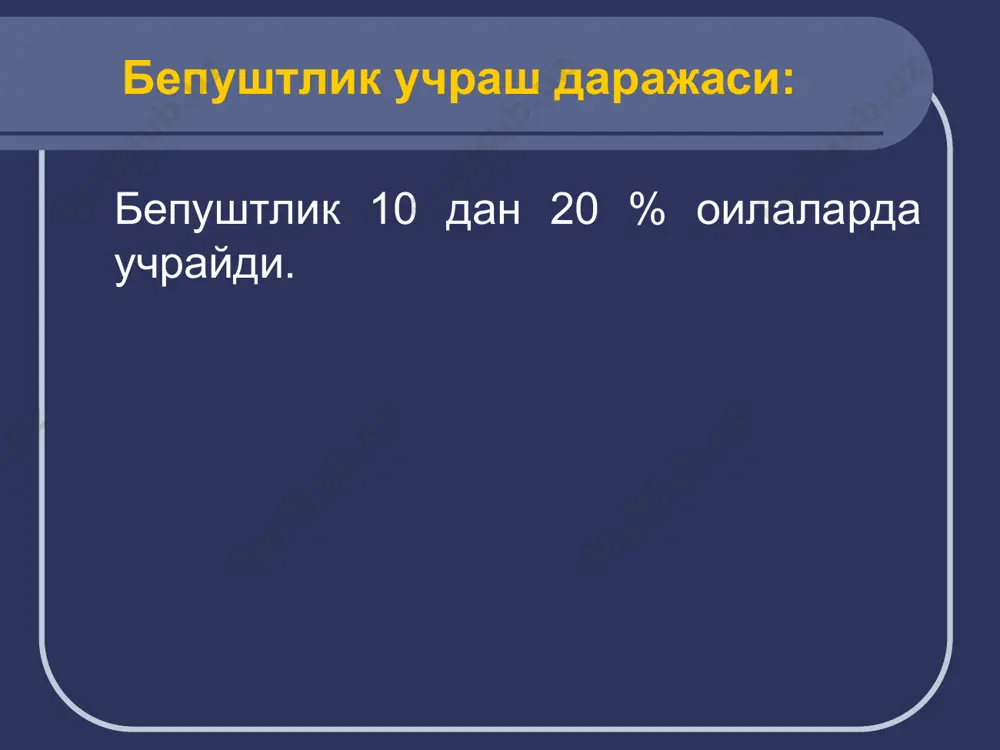 ilarga e'tibor beriladi. 1. bazal temperaturani ulchash. an'anaviy usul. menstrual tsikl davomiyligi boglik bulmagan xolda lyutein faza davomiyligi 11 – 14 kunni tashkil kiladi. lfb tsiklning ikkinchi faza kiskarishi bilan xarakterlanadi. tsiklda bazal temperatura 2 faza orasida 0,6 s ni tashkil kiladi. davomi 2. kondagi progesteron mikdori, siydikda pregnandiol ekskretsiyasi aniklanadi. kuzatuvlar rektal xarorat kutarilishining 4 – 5 kunida boshlanadi. chunki progesteron sintezining chukkisi ovulyatsiyadan keyingi 7 – 8 kuniga tugri keladi. lfb da progesteron ishlab chikarilishi kamayadi. menstrual tsikl ikkinsi fazasi davomida progesteron darajasini 3 – 5 marta aniklash anik natija berishi mumkin. sarik tananing konikarli kursatgichi progesteronning kon plazmasida 9 – 80 mmol/litr va siydikda pregnandiol 3 mg/sutka kuprok bulishi menstruatsiya boshlanishidan 2-3 kun oldin endometriydan biopsiya olinganda endometriyda sekretor shakl uzgarishini etishmovchiligi kuzatiladi. davomi 3. uzi – follikulalar usishi, endometriyning kalinlashuvi menstrual tsikl paytida kurinadi. 5. laparoskopiya - ovulyatsiyadan keyin, bu paytda ovulyatsiyalangan follekula urnida «stigma» kurinadi, …