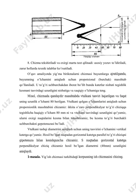 zunligini aniqlaydi. 1-masala. yig’ish chizmasi tarkibidagi korpusning ish chizmasini chizing. 2-masala: yig’ish chizmasi tarkibidagi korpusning ish chizmasini chizing. nazorat savollari 1. yig’ma chizma tarkibida nima bor? u nimaga mo’ljallangan? 2. tayyor birlikni yig’uv chizmasi qanday ketma-ketlikda bajariladi? 3. yig’ma birlikni chizmasi qanday ketma-ketlikda o’qiladi? 4. yig’ma birlikni chizmasi qanday ketma-ketlikda buyumlarga ajratiladi? nazorat testlari: 1. buyum va uning tarkibiy qismlarining o‘zaro bog‘lanishi to‘g‘risida tasavvur etish imkonini beruvchi tasvir nima deyiladi a. yig‘ish chizmasi b. detallarining ishchi chizmalari c. detallarining eskizlari d. gabarit chizma 2. yig‘ish chizmalarida qirqimga tushgan yondosh detallarning kesim yuzalarini bir-biriga nisbatan qanday ko‘rinishda shtrixlanadi? a. bitta detal kabi bir tomonlama shtrixlanadi b. kesim yuzalari qoraytirib ko‘rsatiladi c. bir-biriga nisbatan qarama-qarshi yo‘nalishda shtrixlanadi d. turli yo‘nalish va burchaklarda shtrixlanadi 3. yig‘ish chizmalarida detallarning bir-biriga tegib turgan joylari qanday ko‘rinishda tasvirlanadi? a. har bir detal uchun uning konturi alohida chiziladi b. ikkita chiziq ko‘rinishida c. tegib turgan joylar konturlari …