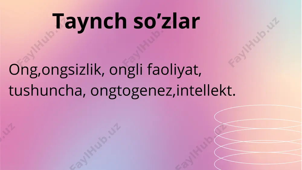zmlari miya faoliyati bilan bog‘liq. miya evolyutsiyasi, ayniqsa, katta yarim sharlar korteksi, ongning shakllanishida muhim rol o‘ynaydi. hayvonlarda psixika rivoji: ongning boshlang‘ich shakllari hayvonlarning psixikasida kuzatiladi. oddiy reflekslar, shartli reflekslar va instinktlar hayvonlarning xatti-harakatlarini boshqaruvchi mexanizmlar sifatida namoyon bo‘ladi. ongning ijtimoiy tabiati mehnat va tilning roli: ongning rivojlanishi insoniyatning mehnat faoliyati va tilning paydo bo‘lishi bilan bog‘liq. mehnat jarayoni odamlarning o‘zaro aloqasini kuchaytirib, tildan foydalanish ehtiyojini yaratdi. til esa tafakkur va o‘zini anglashni rivojlantirishga imkon berdi. madaniy omillar: tarixiy va madaniy tajribalar ongning rivojlanishida muhim rol o‘ynaydi. insonning ijtimoiy munosabatlari va madaniy muhit onginga shakl beradi. ongning rivojlanish bosqichlari oddiy psixik jarayonlardan onggacha: inson ongi oddiy sezgi va idrokdan boshlanib, keyinchalik murakkabroq tushunish, mantiqiy fikrlash va o‘z- o‘zini anglashga o‘tadi. bolalikdagi ong rivoji: bolaning ongi dastlab atrofdagi narsalarni sezish va idrok etish orqali shakllanadi. keyinroq mantiqiy fikrlash va ijtimoiy me’yorlarni anglash rivojlanadi. ongning asosiy xususiyatlari o‘z-o‘zini anglash: ongning eng muhim …