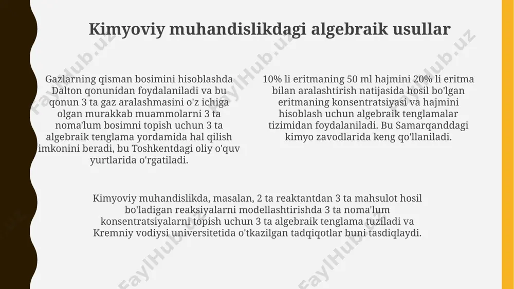 an (k = aexp(-ea/rt)) foydalanib, reaksiya tezligi konstantasi (k) ni 25°c da va 100°c da hisoblash mumkin. bu hisob-kitoblar faollashtirish energiyasi (ea) va pre-ekspoentsial omil (a) ning qiymatlarini bilishni talab qiladi. stoixiometrik koeffitsientlarni hisobga olgan holda, 1-tartibli reaksiya uchun yarim parchalanish davrini (t1/2) aniqlash uchun tenglama t1/2 = 0.693/k dan foydalanish mumkin, bu yerda k – reaksiya tezligi konstantasi hisoblanadi. bu samarqand shahridagi laboratoriyada o'tkazilgan tajribalar natijalarini tahlil qilishda qo'llaniladi. algebraik tenglamalar va kimyoviy hisob-kitoblar algebraik tenglamalar yordamida 100 grammli natriy xlorid eritmasidagi tuz miqdorini aniqlash uchun, massa ulushi va massa hajm nisbatlarini hisoblashda toshkentdagi kimyogarlar 2 ta noma'lumli tenglama tizimidan foydalanadilar. 5% li eritma tayyorlash uchun kerakli modda miqdorini hisoblashda, andijon viloyatidagi olimlar proporsiya va foiz hisob-kitoblarini amalga oshirishda algebraik tenglamalardan foydalanadilar. kimyoviy reaksiyalar tenglamalarini muvozanatlashda, masalan, 3 mol kislota va 2 mol asos reaksiyasida hosil bo'lgan tuz miqdorini aniqlash uchun samarkanddagi o'quvchilar kvadrat tenglamalarni qo'llaydilar. murakkab kimyoviy masalalarning …