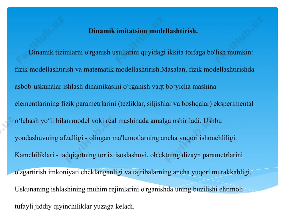 iladi. model bilan tajriba o'tkazish taqlid deb ataladi. simulyatsiya modellashtirish. simulyatsiya modellashtirish. dinamik imitatsion modellashtirish. dinamik imitatsion modellashtirish. image2.png image3.png image4.png image5.png image6.png /docprops/thumbnail.jpeg