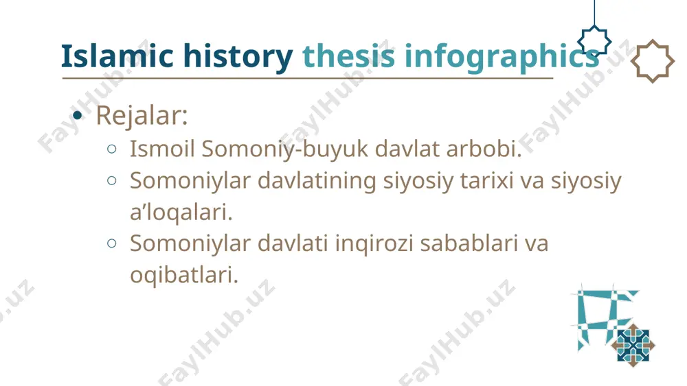 ad somoniy siyosiy maqsadda termiz sayyidlarining oilasiga mansub qizga uylangan. natijada uning avlodlarining tomirlarida muhammad (s.a.v.) payg‘ambarning qoni oqa boshlaydi. bu bilan musulmonlarning ko‘z o‘ngida somoniylarning hokimiyati yana ham qonuniy, shar’iy hisoblanar edi. bu esa hukmdorning diniy, siyosiy nufuzi ortishiga ham sabab bo‘lar edi ismoil somoniyning amalga oshirgan eng muhim ishlaridan biri bu qo’shin islohoti edi. ungacha qo’shin faqat chaqiriq bo’yicha ma’lum vaqtda to‘planib harbiy xizmat o’tovchi askarlar va jihod urushlarini olib boruvchi ko’ngilli g’oziylardan iborat edi. islamic history thesis infographics ismoil somoniy dastlab shimoldan bo‘ladigan turklarning tinimsiz hujumlari oldini olishi lozim edi taroz shu maqsadda, hamda bu yerda tuzilayotgan yangi qarluqlar saltanatiga zarba berish uchun ismoil 893-yilda ko‘chmanchilarga qarshi ulkan qo‘shin bilan yurish qildi. 893-yil ismoil somoniy qo‘shinlari tarozni egalladi. bu yurishda ismoil ko’chmanchi turk xoqoni, uning xotini xotunni va oʻn mingga yaqin kishini asirga oldi islamic history thesis infographics xalifa al-mu’tadil 898-yilda movarounnahr va balx voliyligini ismoil ibn …