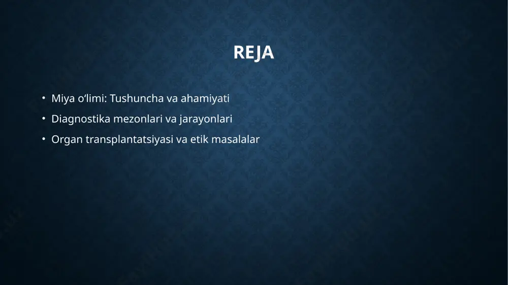 ishda muhim rol o'ynaydi. tibbiy mezonlar miya oʻlimining aniqlanishida tibbiy mezonlar, jumladan, neurologik baholash va klinik tekshiruvlar amalga oshiriladi, bu jarayonning aniqligini ta'minlaydi. oʻzbekistondagi holat oʻzbekistonda miya oʻlimi va organ transplantatsiyasi jarayonlari rivojlanmoqda, lekin qonunchilik va amaliyotdagi muammolar hal qilinishi kerak. miya oʻlimining diagnostikasi: tibbiy mezonlar va talablari. 01 miya oʻlimi tushunchasi miya oʻlimi, bemorning nafas olish, yurak urishi va boshqa asosiy funksiyalari faol emasligi holatidir. bu, organ transplantatsiyasi uchun muhimdir. 02 tibbiy mezonlar miya oʻlimini aniqlash uchun bir nechta tibbiy mezonlar mavjud. ular orasida miya faoliyatining toʻliq yoʻqolishi va muvozanatli natijalar kiritiladi. 03 diagnostika talablari diagnostika jarayonida bir nechta testlar, jumladan, nevrologik tekshiruv va eeg talab qilinadi. bu talablarga muvofiq, bemorning holati baholanadi. neurologik mezonlar: miya oʻlimini aniqlash jarayonlari. miya oʻlimi mezonlari miya oʻlimini aniqlash uchun tibbiy mezonlar, jumladan, neurologik faoliyatning toʻliq yoʻqolishi va reflekslarning yoʻqligini talab qiladi. diagnostika jarayoni miya oʻlimini diagnostikasi bir necha bosqichda amalga oshiriladi, jumladan, …