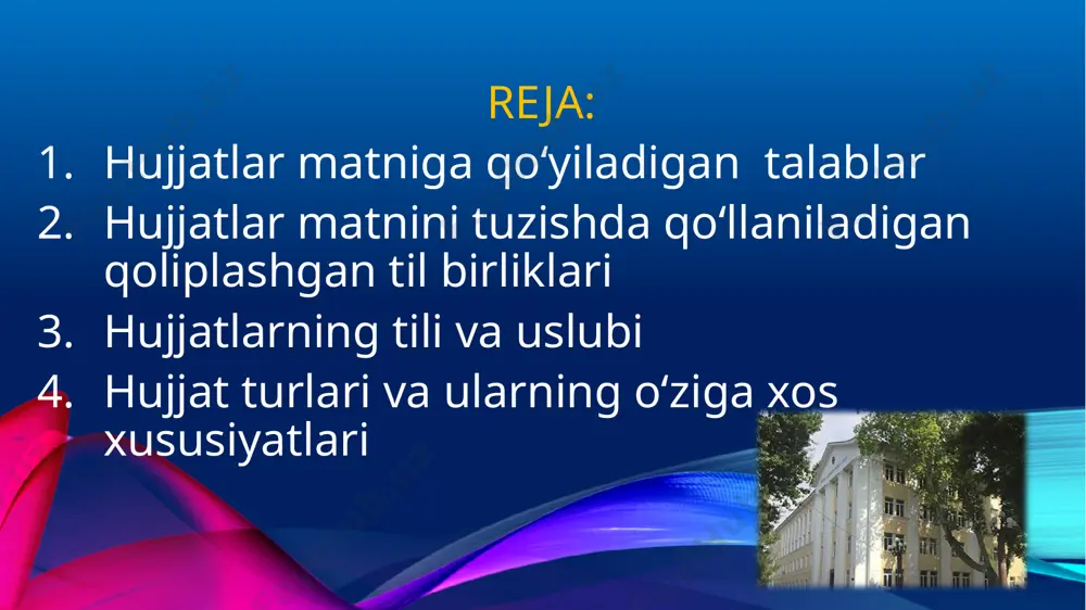 lning ikki vazifasi xabar berish (informativ) va buyurish (volyuntativ) vazifalari amalga oshadi. masalan, ma’lumotnomada axborot ifodalanadi, buyruqda buyurish aks etadi, majlis bayonida esa ham axborot («eshitildi...»), ham buyurish («qaror qilindi..») o‘z ifodasini topadi. hujjatlar matni birinchi shaxs yoki uchinchi shaxs tilidan yoziladi. yakka rahbar nomidan yoziladigan farmoyish hujjatlari (buyruq, farmoyish, ko‘rsatma kabilar) birinchi shaxs tilidan bo‘ladi. shuningdek, ayrim shaxs tomonidan yozilgan hujjatlar (ariza, tushuntirish xati kabi) ham birinchi shaxs, birlik sonda shakllantiriladi. boshqa hujjatlar esa yo birinchi shaxs ko‘plik sonda, yoki uchinchi shaxs birlik sonda rasmiylashtiriladi: «...ga ruxsat berishingizni so‘raymiz», «...deb hisoblaymiz»; «ma’muriyat talab qiladi», «boshqarma so‘raydi» kabi. hujjatlar matnini tuzishda turg‘unlashgan, qoliplashgan so‘z birikmalaridan ko‘proq foydalanish lozim. chunki qoliplashgan, yagona doimiy shaklga ega bo‘lgan so‘z tizimlari, iboralar, muhandislik psixologiyasining ma’lumotlariga ko‘ra, boshqa so‘z birikmalariga qaraganda 8–10 marta tez idrok qilinar ekan. buning ustiga qoliplashgan so‘z birikmalari hujjatlarni tayyorlash va ulardan foydalanish jarayonlarini anchagina tezlashtirish imkonini beradi. tayinki, har bir …