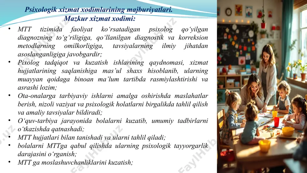 iyojlarini qondirishga qaratilgan tizimli yordam va faoliyatlar majmuasi. struktura – xizmatlarning tashkil qilinish tartibi va ichki tizimi. psixologik yordam – shaxsiy va ijtimoiy muammolarni hal qilish uchun beriladigan professional qo‘llab-quvvatlash. psixologik aralashuv – psixologik muammolarni hal qilish uchun turli usullardan foydalanish jarayoni. 11 psixologik xizmatlarning asosiy yo‘nalishlari diagnostika:psixologik muammolarni aniqlash uchun so‘rovnomalar, testlar va kuzatuv usullaridan foydalanish. maslahat berish mijozlarga individual va guruhiy suhbatlar orqali yordam ko‘rsatish. psixokorreksiya shaxsning psixologik holatini yaxshilashgaqaratilgan aralashuv usullari. reabilitatsiya stress, travma yoki boshqa psixologik muammolardan tiklanish jarayonini qo‘llab-quvvatlash. profilaktika psixologik muammolarning oldini olish va xavf omillarini kamaytirish. rivojlantirish dasturlari shaxsiy va ijtimoiy salohiyatni rivojlantirishga yo‘naltirilgan treninglar va mashg‘ulotlar. 12 psixologik xizmatlar strukturasi rahbariyat: xizmatning umumiy maqsadlari va strategiyasini belgilaydi. psixologik xizmat faoliyatini muvofiqlashtiradi. diagnostika bo‘limi: testlar, so‘rovnomalar va kuzatuv yordamida mijozlarning psixologik holatini aniqlaydi. psixokorreksiya bo‘limi: psixologik muammolarni bartaraf etish bo‘yicha individual va guruhiy dasturlarni amalga oshiradi. art-terapiya, qum terapiyasi, o‘yin terapiyasi kabi usullardan …