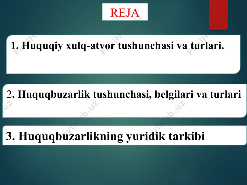 бу ҳуқуққа зид хатти-ҳаракатнинг ташқи белгисидир. айнан шундай белгига асосан ҳуқуқбузарлик ҳақида, у қандай рўй бергани ва қанчалик зарар кел­тиргани ҳақида мулоҳаза юритиш мумкин бўлади. ҳуқуқбузарлик субъекти – бу ҳуқуққа зид айбли қилмишни содир этган шахс, яъни ҳуқуқбузардир. ҳуқуқбузарликнинг субъектив томони бу жиҳат айблов билан боғлиқ. содир қилинган қилмишига нисбатан шахснинг руҳий муносабати сифатида айб турли шаклларга эга. у қасддан ва эҳтиётсизликдан содир бўлиши мумкин. қасд ўз навбатида – тўғри ва эгри қасдга бўлинади. zaruriy adabiyotlar: odilqoriev x. davlat va huquq nazariyasi. darslik. – t.: adolat, 2018.– b.427-443. saydullaev sh. davlat va huquq nazariyasi. darslik. – t.: tdyuu, 2018. –b.202-206. tamanaha b.z. on the rule of law: history, politics, theory. – new york:cambridge university press, 2004. – p.92-101. tavsiya etiladigan adabiyotlar: hart h.l.a. the concept of law. 3rd edition. – oxford: oxford university press, 2012. –p. 125-154. тавсия этиладиган адабиётлар 1. scott veitch, emilios christodoulidis, lindsay farmer. jurisprudence: themes and …