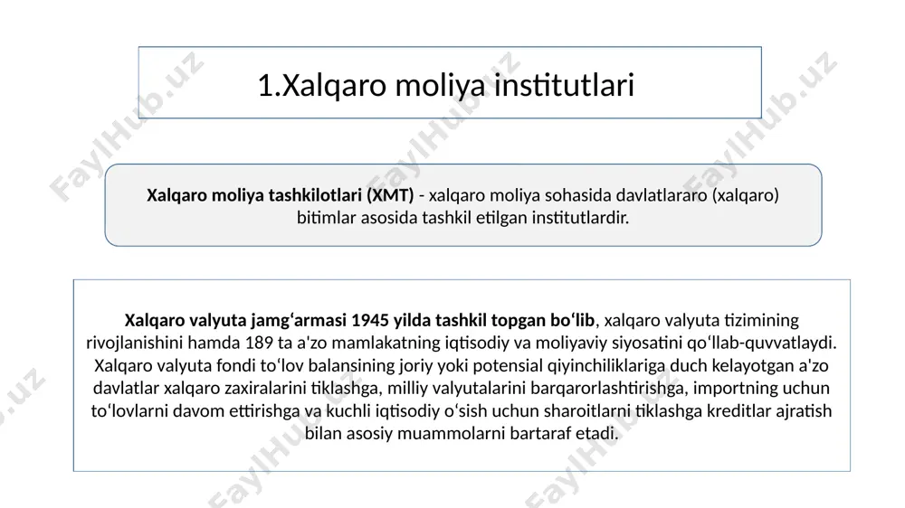 hmoqda. bu munosabat nafaqat puxta o'ylangan, balki bir vaqtning o'zida ildam va qulay bo'lishi hamda hozirgi tez o'zgaruvchan, dunyoda yuzaga kelishini oldindan aytib bo'lmaydigan yangi muammo va tahlikalarga o'z vaqtida va munosib javob berishi kerak. o'zbekiston xalqaro moliya tashkilotlari bilan moliyaviy munosabatlarini shakllantirishida va rivojlanishidagi asosiy omili: • jahon bozorlarida o'zining o'rniga ega bo'lishi, ayniqsa tovar bozorlarida; • mamlakat iqtisodiy aloqalarning baynalminallashuvi va globallashuvi. • iqtisodiy va ijtimoiy sohalarda integratsiya jarayonlarining kuchayishi. • mamlakatning ilmiy-texnika taraqqiyotiga qo'shgan hissasi • xalqaro moliya munosabatlarining ko'p tomonlama va manfaatli tartibga solish tizimini takomillashtirilishi. • mamlakatda transmilliy korporatsiya va banklar faoliyatinini nazorat qilish va kengaytirilishi agar quyidagi omillar iqtisodiyot va xalqaro moliyaviy munosabatlarda o'z aksini topsa, mamlakating moliyaviy rivojlanish koeffisiyentga ijobiy ta'sir ko'rsatadi. e`tiboringiz uchun rahmat. image1.png image2.jpeg image3.jpeg image4.jpeg image5.png image6.jpeg image7.jpeg /docprops/thumbnail.jpeg