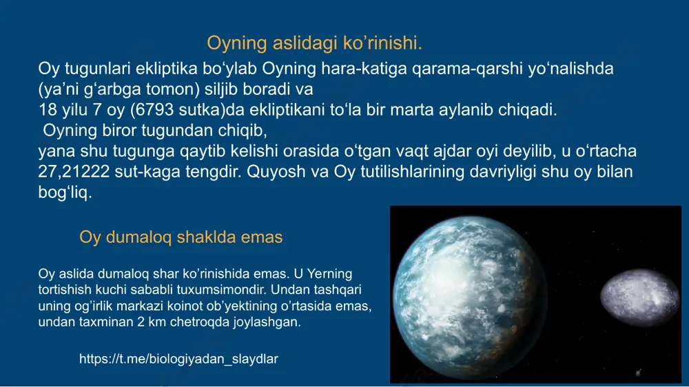 san, togʻli r-nlardir. kuzatishlar natijasida qitʼa va dengizlar boshqaboshqa moddalardan tashkil topgan, degan xulosaga kelindi. https://t.me/biologiyadan_slaydlar oy sirti teleskopda benihoya notekis, oʻnqir-choʻnqir boʻlib koʻrinadi. ayniqsa qitʼalarda zich joylashgan va baʼzan "dengizlar"da uchraydigan aylana yoki ellips shaklidagi halqasimon togʻlar koʻp. diametrlari bir necha yuz m dan bir necha yuz km gacha keladigan halqasimon togʻlarning 30000 tadan ortigʻi oy haritalarida aks ettirilgan. baʼzi halqasimon togʻlar qoramtir moddalar bilan qoplangan. ularga sirklar deb nom berilgan. sirklarning maksimal diametri 250 km gacha yetadi. oy sharsimon boʻlganligi sababli, katta sirklarning ichi teleskopda qabariq bulib koʻrinadi. halqasimon togʻlar orasida, markaziy qismida chudili tepaliklar boʻlgan togʻlar ajralib turadi. ular kraterlar deb ataladi. odatda, kraterlar sirklardan kichik boʻladi, lekin diametri 100 km ga yetadiganlari ham uchraydi. oyning teleskopdagi ko’rinishi ; oyning toʻliq haritasi va globusini yasash imkoni tugʻildi. 1966-yil 31 yanvarda uchirilgan "luna-9" kk 1966-yil 3 fevralda oyga birinchi marta yumshoq qoʻndirildi. uning yordamida o. panoramasi yerga uzatildi. …